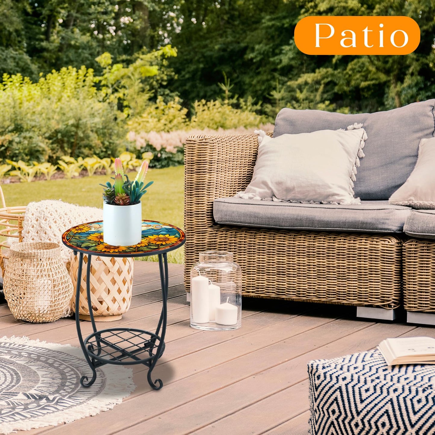 Cinnvoice Outdoor Side Table Round Small Mosaic Patio Accent Indoor End Plant Coffee Tea Table for Yard Patio Porch Garden Living Room, Bedroom(Sunflower Style,12 Inch)