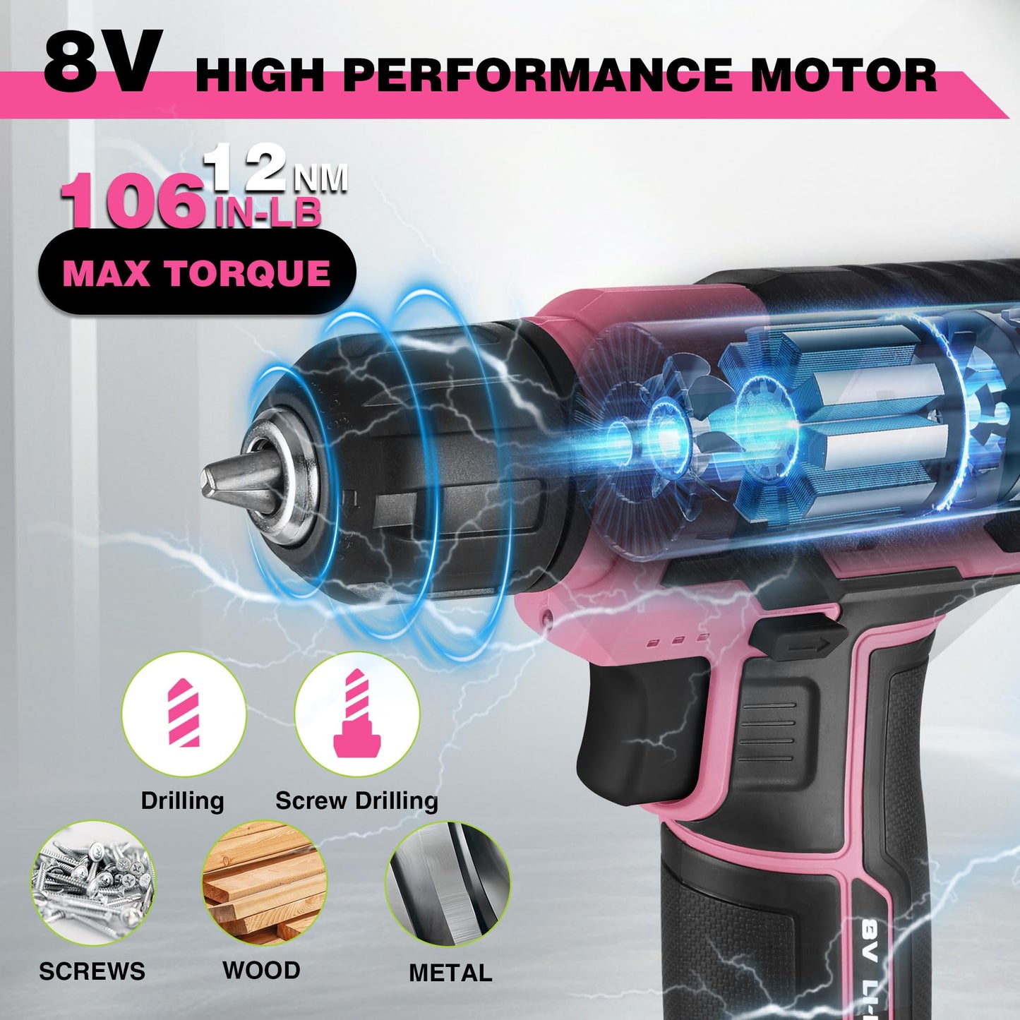 WORKPRO Pink Cordless Drill Set, 8V Impact Drill Driver with 53pcs Bit Set, 2.0Ah Electric Power Drill Kit with 3/8" Keyless Chuck and Variable Speed Trigger, Portable for DIY- Pink Ribbon