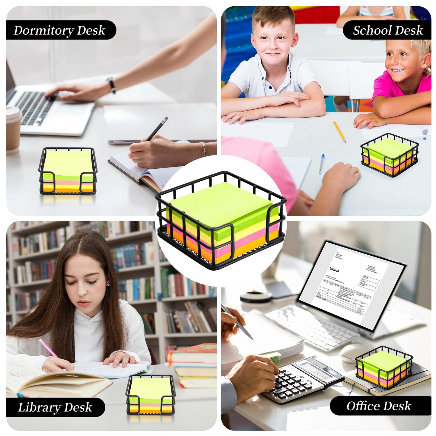 2 Pack Metal Sticky Note Holder, Modern Minimalist Black Wire Memo Note Cube Holder Dispenser Desk Organizer with Mesh Bottom for Home School Office