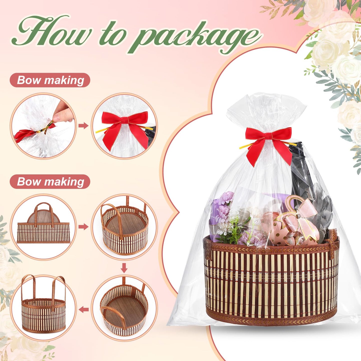 Weysat 1 Set Baskets for Gifts Empty Graduation DIY Bulk Large Woven Bamboo Gift Basket Kit with Handle Bow Wrap Bag to Fill for Father's Day Wedding Birthdays Party Wrapping (Brown)