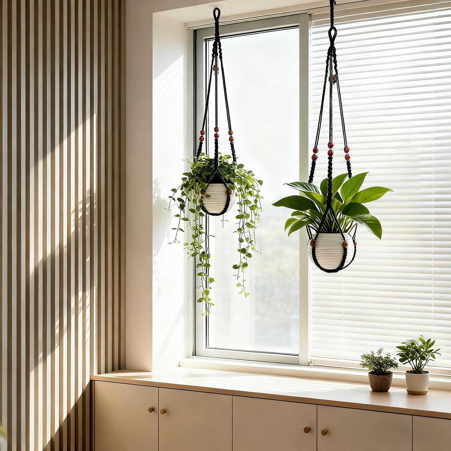 HOREAKHJ 35 Inch Macrame Plant Hanger, Large for up to 15 Inch Pot Extra Long Hanging Planter Holder Basket with Wood Beads for Indoor Outdoor Home Decor (Black, 2-Pack)