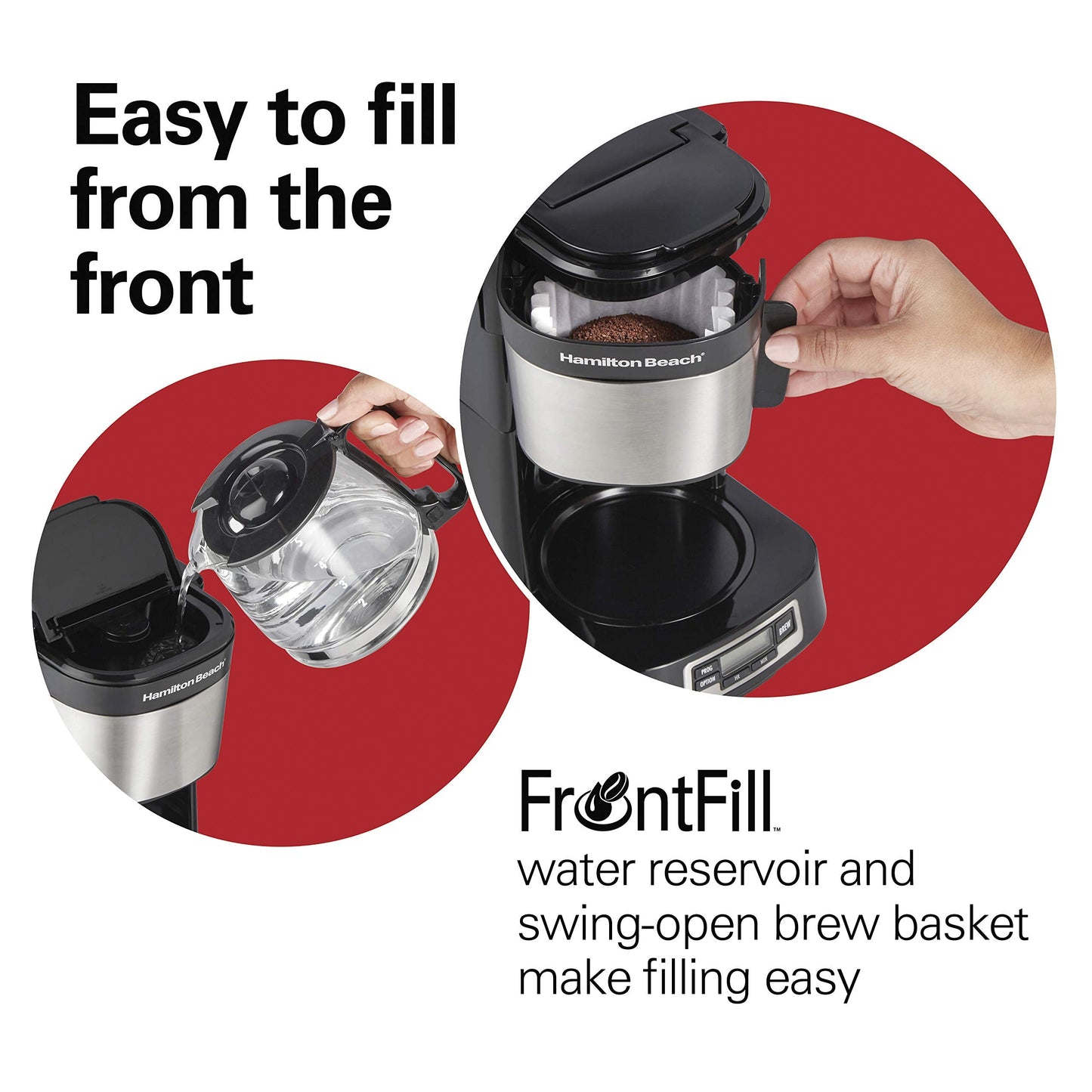 Hamilton Beach 5 Cup Drip Coffee Maker with Easy FrontFill Basket, Compact Design, Programmable Clock, Glass Carafe, Auto Pause and Pour, Black & Stainless Steel (46111)