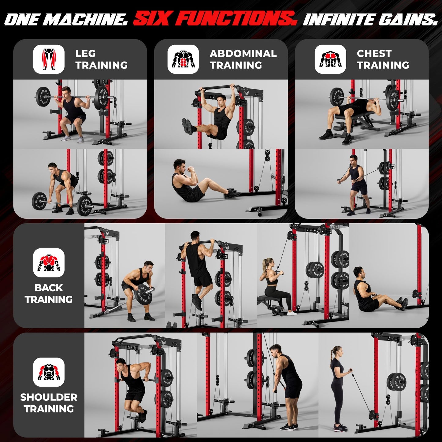 JELENS C21 Power Cage, 2000LBS Multi-Function Power Rack with Independent Dual Pulley System, All-in-One Squat Rack for Cable Crossover, Home Gym Workout Machine (Red, C21 Power Cage (Home Gym))