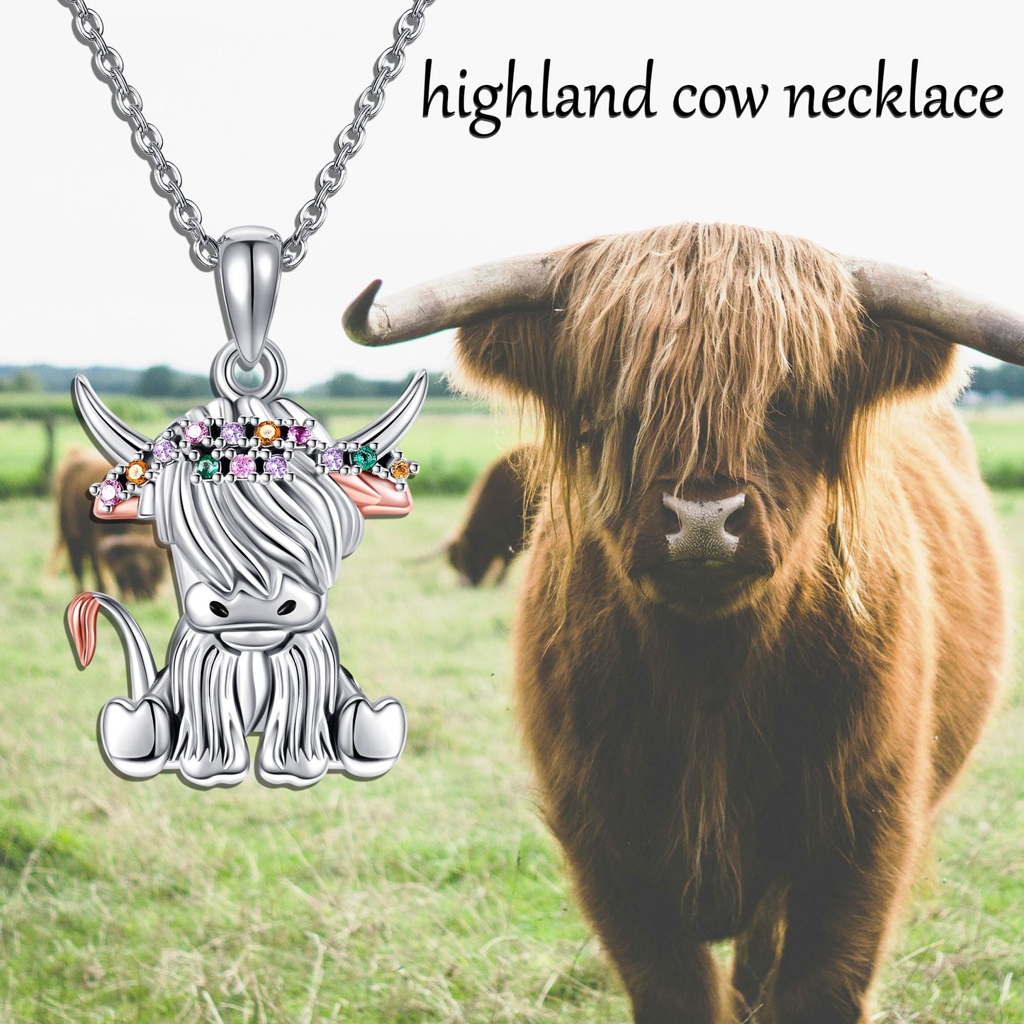 YAFEINI Highland Cow Necklace 925 Sterling Silver Highland Cow Necklace Animal Jewelry Gift for Women Mom