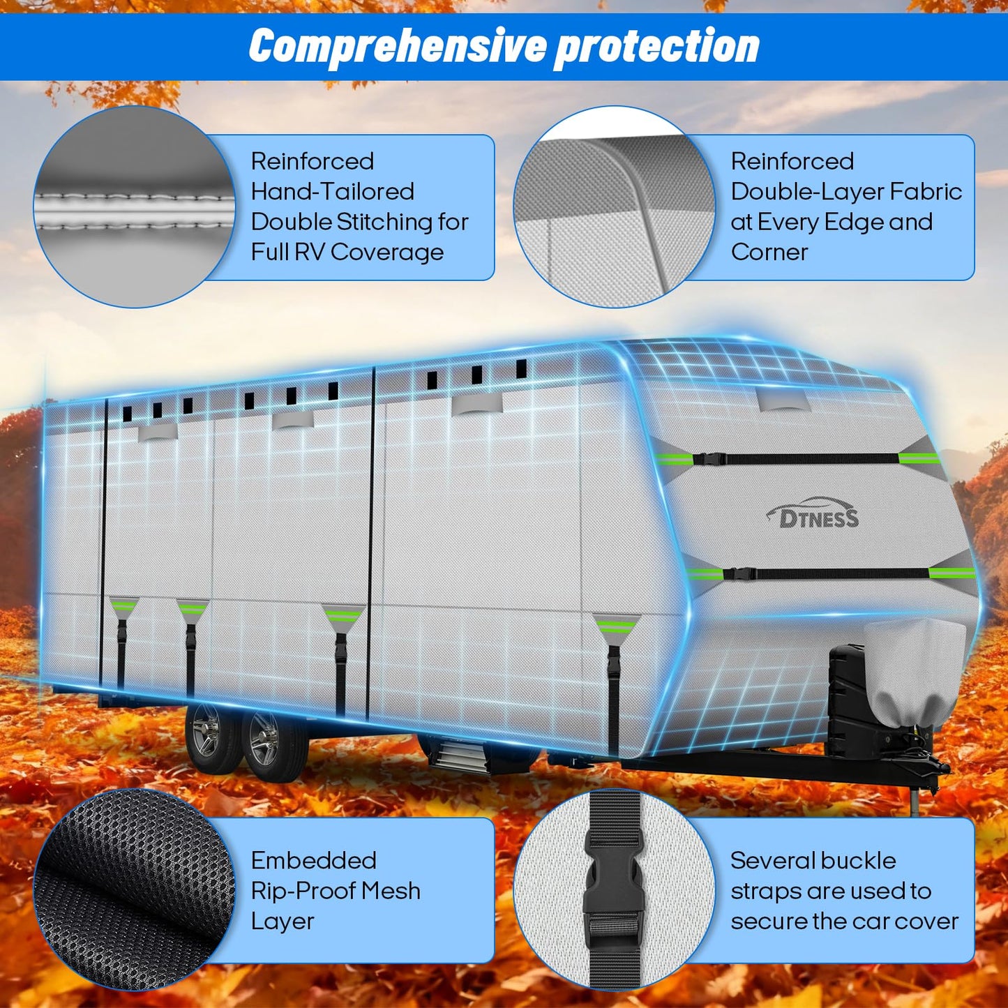 DTNESS Travel Trailers RV Cover 24-27FT, 7-Layer Thick Heavy Duty Rip-Stop Camper Cover with Tongue Jack Cover, Tire Covers, Straps & Storage Bag, Tearproof, Waterproof, Snowproof, Windproof & Anti-UV