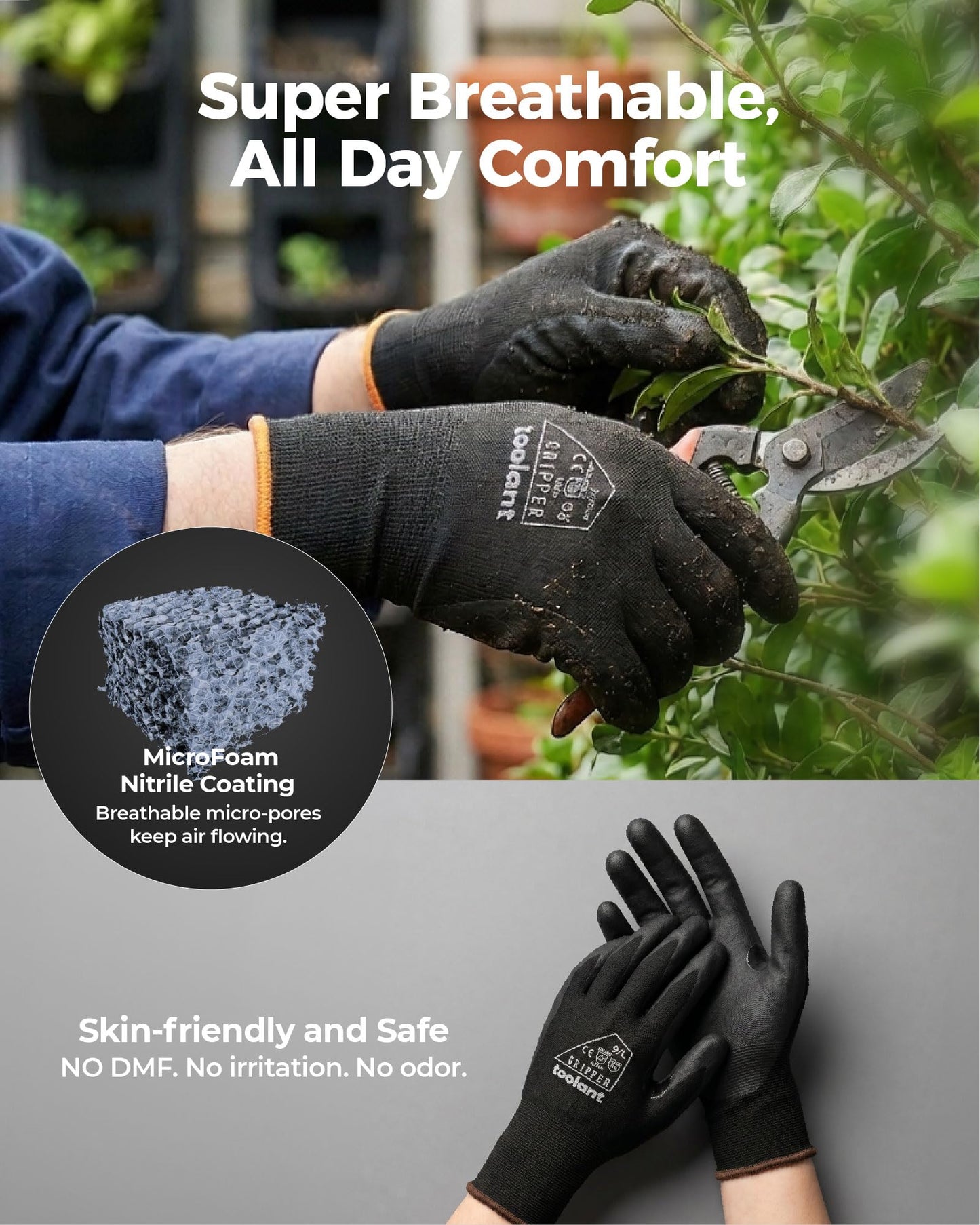 toolant 6 Pairs Work Gloves MicroFoam Nitrile Coated, 15 Gauge Breathable Nylon with Grip in Wet & Oily Condition, Touchscreen, Certified Working Gloves Bulk for Gardening, Warehouse,Automotive,Gray,M