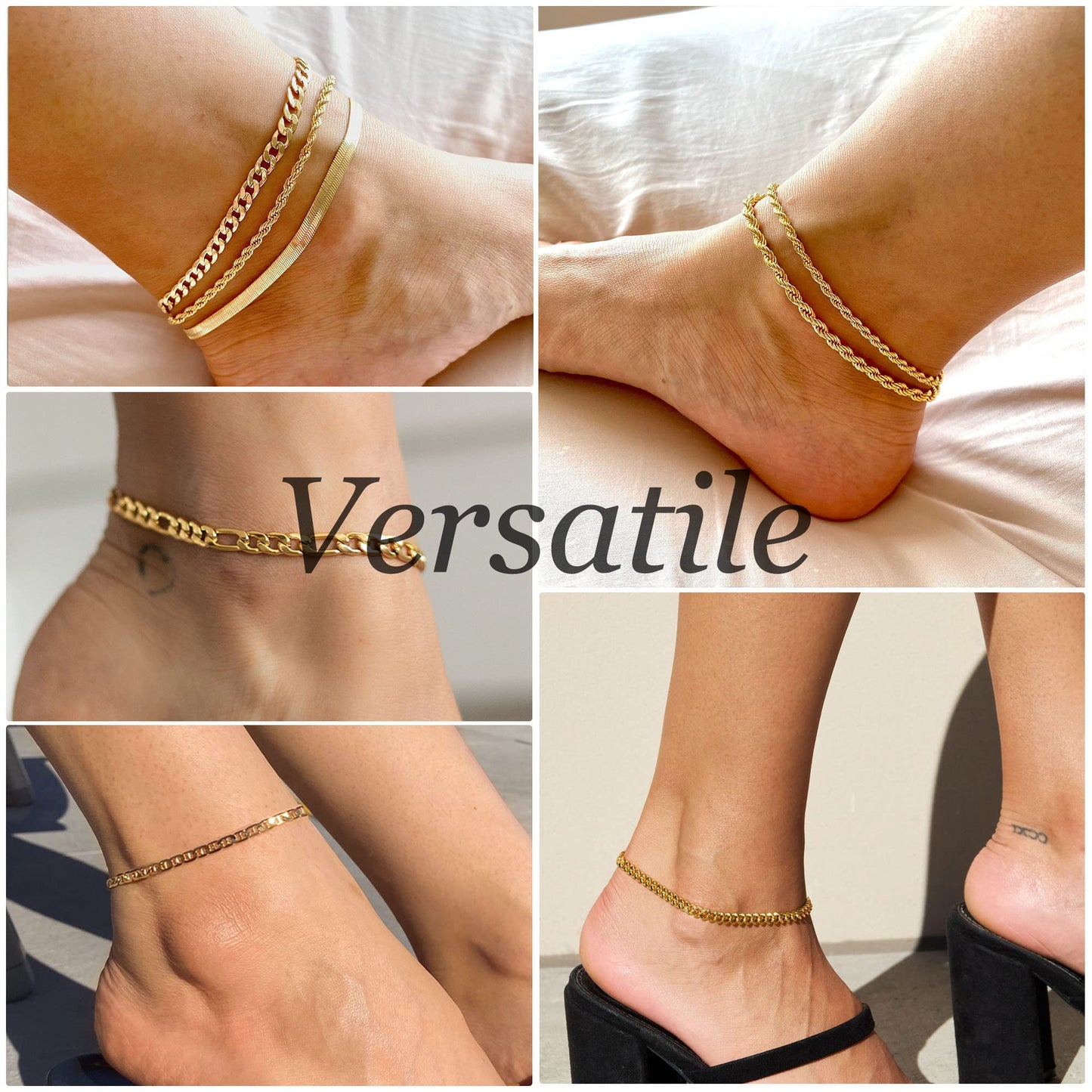 DEARMAY 14K Gold Plated Anklets Waterproof Ankle Bracelets for Women Cuban Link Anklet Bracelets Cute Figaro Paperclip Rope Herringbone Set Jewelry
