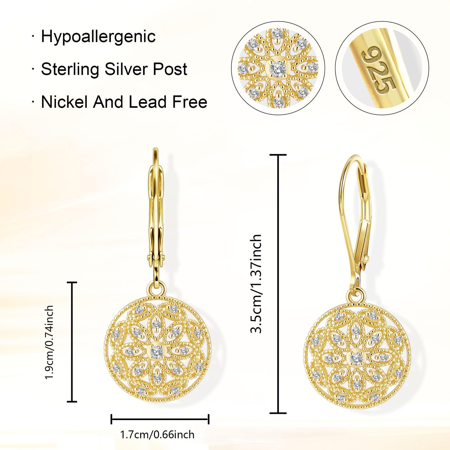 LANCHARMED Gold Earrings for Women - Diamond Cubic Zirconia Circle Drop Dangle Earrings 14K Gold Dangle Earring Hypoallergenic Leverback Circle Filigree Diamond Earings for Women Jewelry Gifts