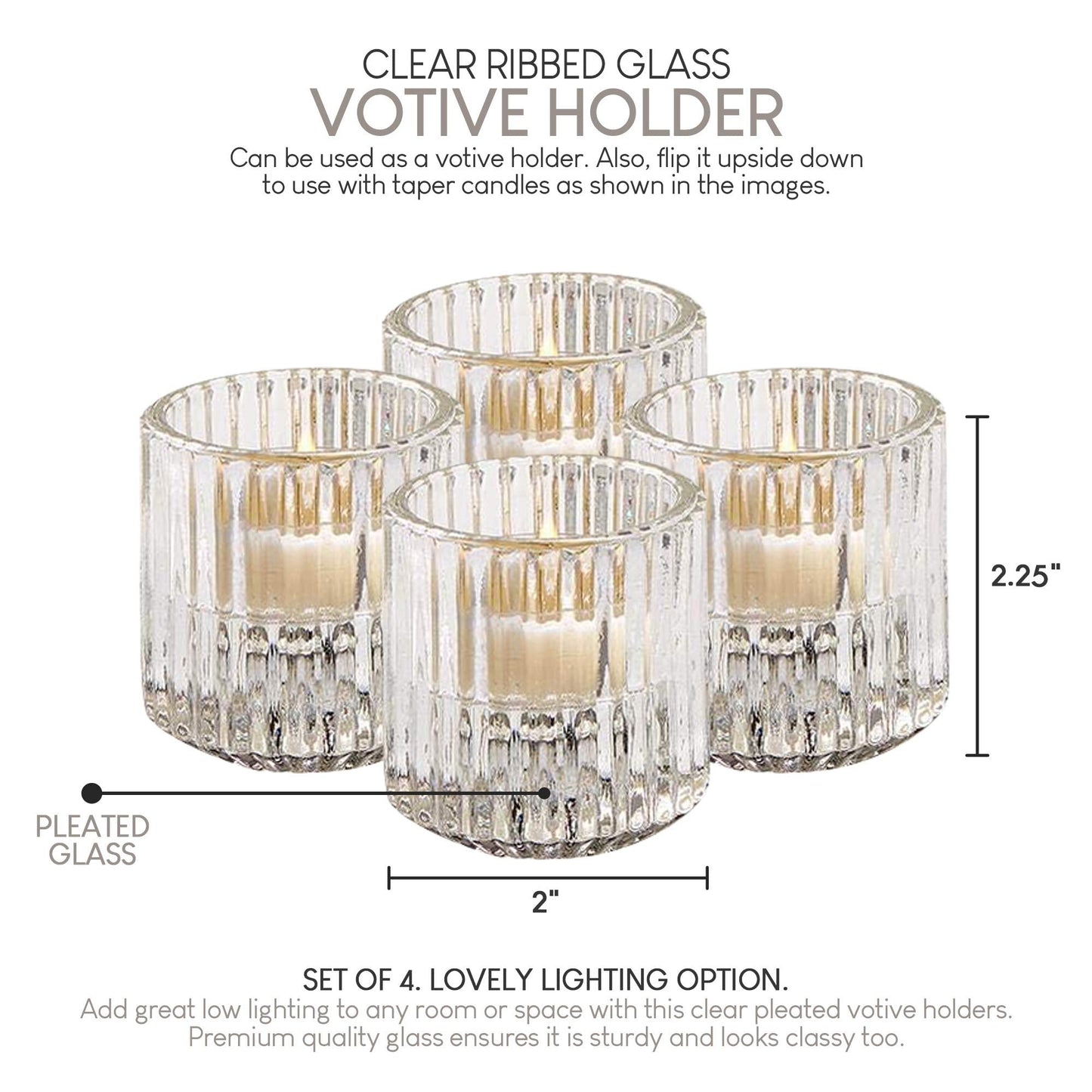 Serene Spaces Living Set of 4 Clear Ribbed Glass Votive Holders, Perfect for Weddings and Home Décor, Measures 2.25" Tall and 2" Diameter