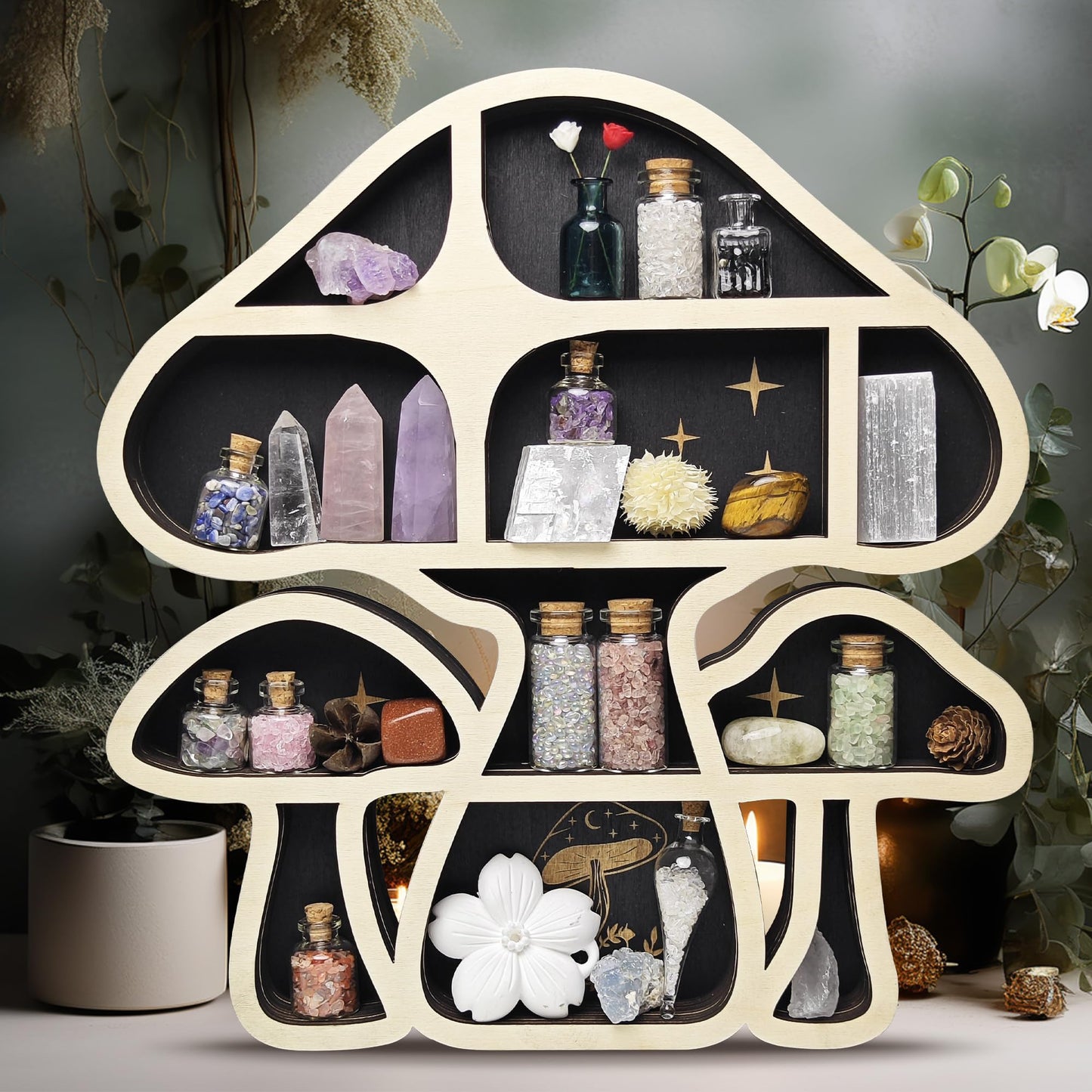 FNYDOX Wooden Mushroom Floating Shelves, Crystal Display Shelf for Wall, Cute Mushroom Wall Decor, Rock Gem Stone Storage Organizer, Essential Oil Holder Hanging Case, Meditation Art Spiritual Gift