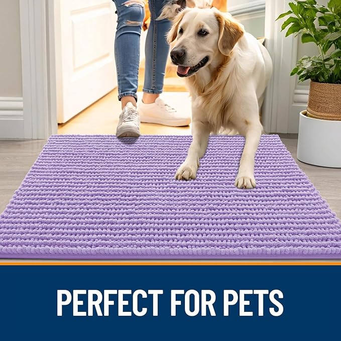 OLANLY Dog Door Mat for Muddy Paws 24x16, Ultra Absorbent Chenille Mud Doormat, Non-Slip Washable and Dirt Trapping Doormat for Indoor Entryway, Quick-Dry Indoor Pet Bed Mats for Dogs, Lavender
