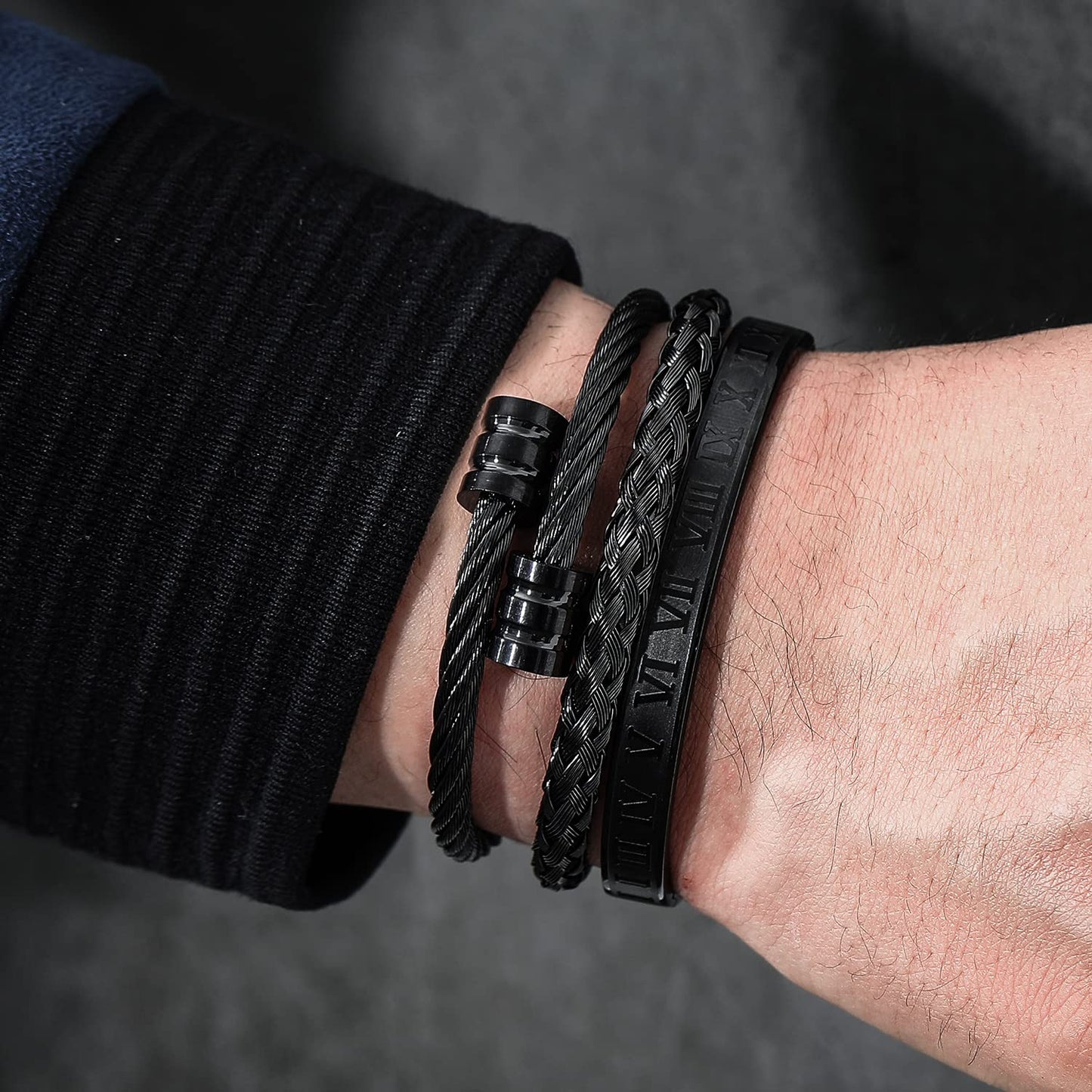 WFYOU 3PCS Stainless Steel Bracelets for Men Gold Roman Numeral Bangle Bracelet Twisted Cable Bracelet Adjustable Cuff Bracelet Mens Luxury Jewelry Bracelets Gifts