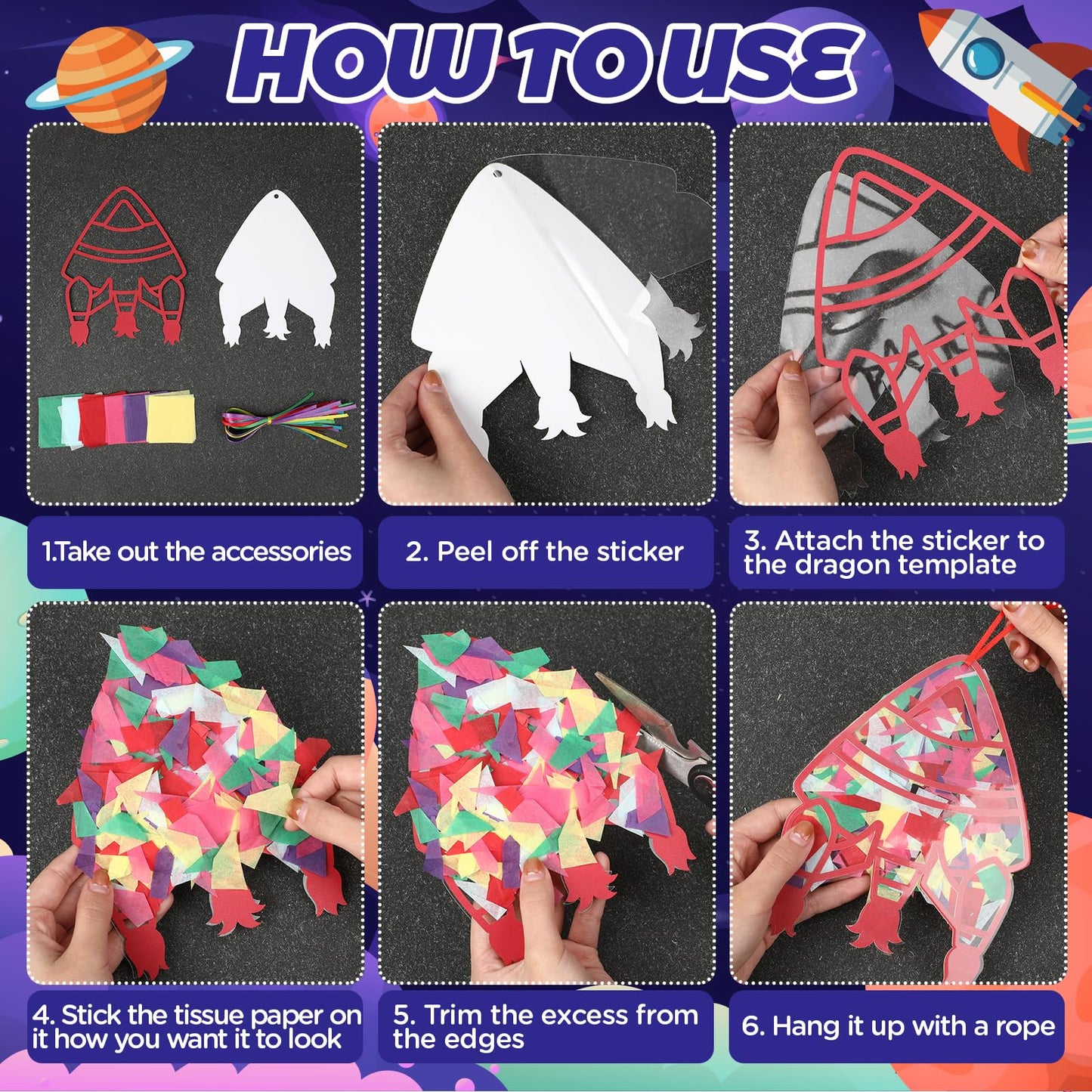 Peconal 24 Sets Rocket Suncatchers Craft Kit DIY Space Rocket Themed Stained Glass Effect Window Tissue Paper Art Hanging Decor for Boys Girls Birthday Gifts Unique Designs Bulk Party Favors Supplies