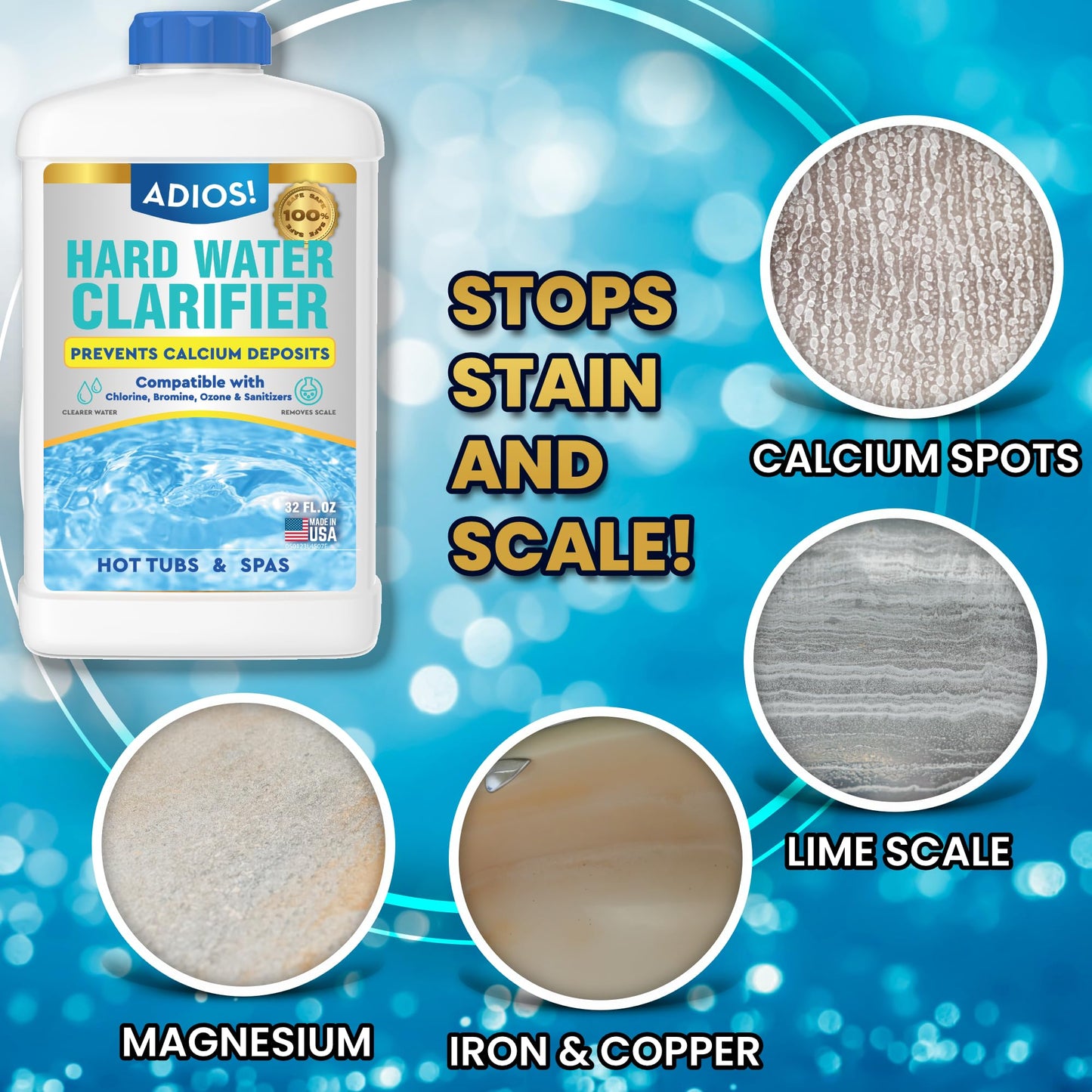 ADIOS! Hot Tub Hard Water Calcium Remover with Scale and Stain Clarifier, Soften Treat and Reduce Spa and Pool Deposits - Quart (32 oz)