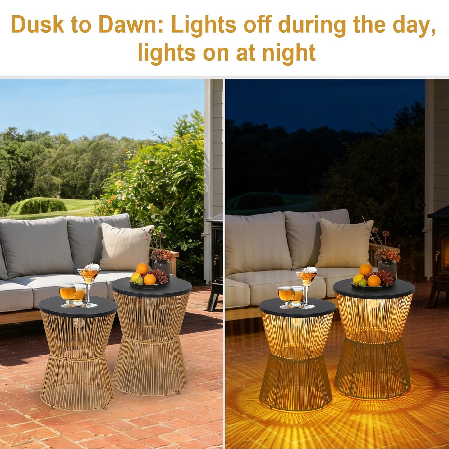 HMVPL Solar Outdoor Side Table with Dimmable Light, Patio Side Tables for Outside, Round Outdoor End Tables Set of 2, Plastic Rattan Patio End Accent Table for Poolside Backyard Gazebo, Dusk to Dawn