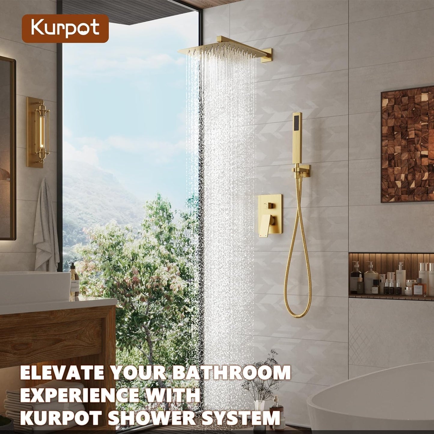 Kurpot Gold Shower System, 10'' Square Rainfall Shower Head with Handheld Combo Spray, Bathroom Brushed Gold Shower Faucet Set with Valve, 59'' Shower Hose, Shower Trim Kit and Diverter, Wall Mounted