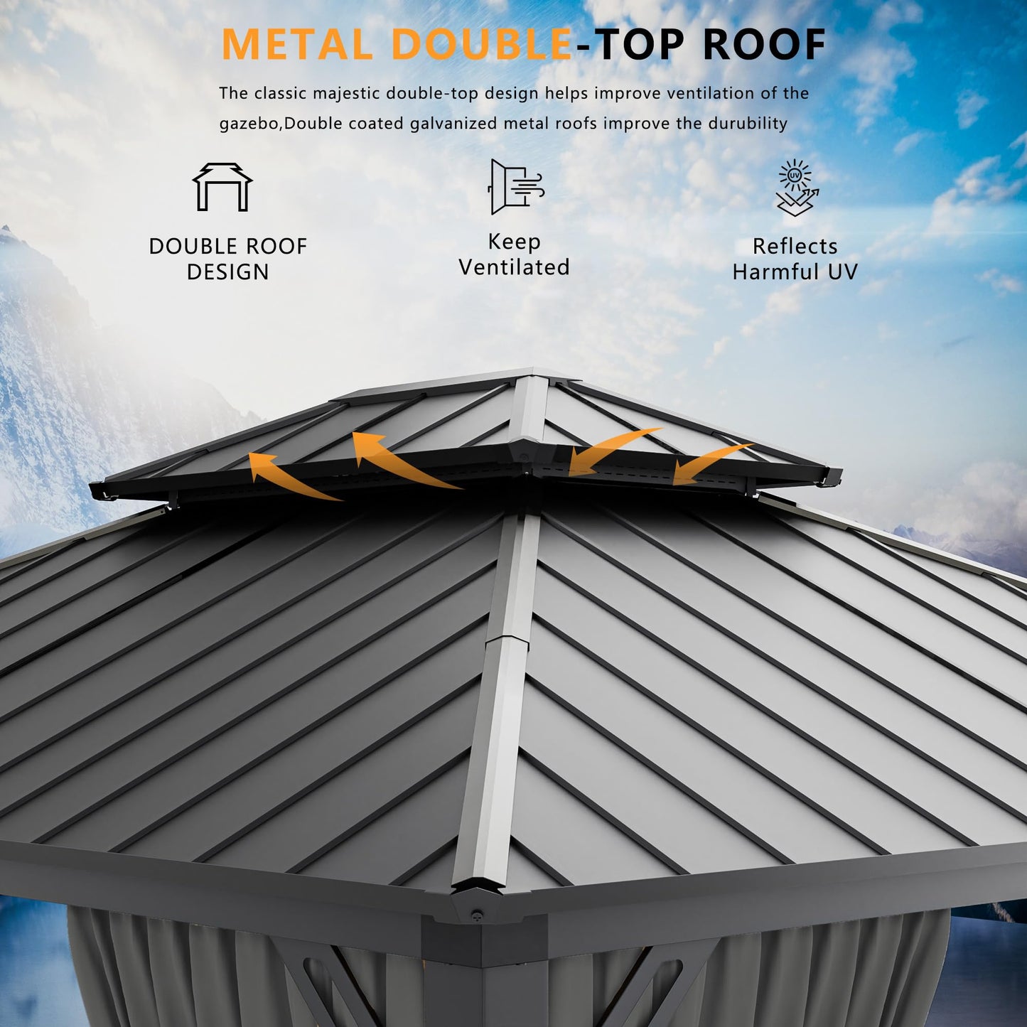 RTDTD 12' x 20' Hardtop Gazebo,Outdoor Aluminum Frame Permanent Pavilion Double Galvanized Steel Roof Pergola with Nettings and Curtains for Patio Lawns Backyard Deck,Grey