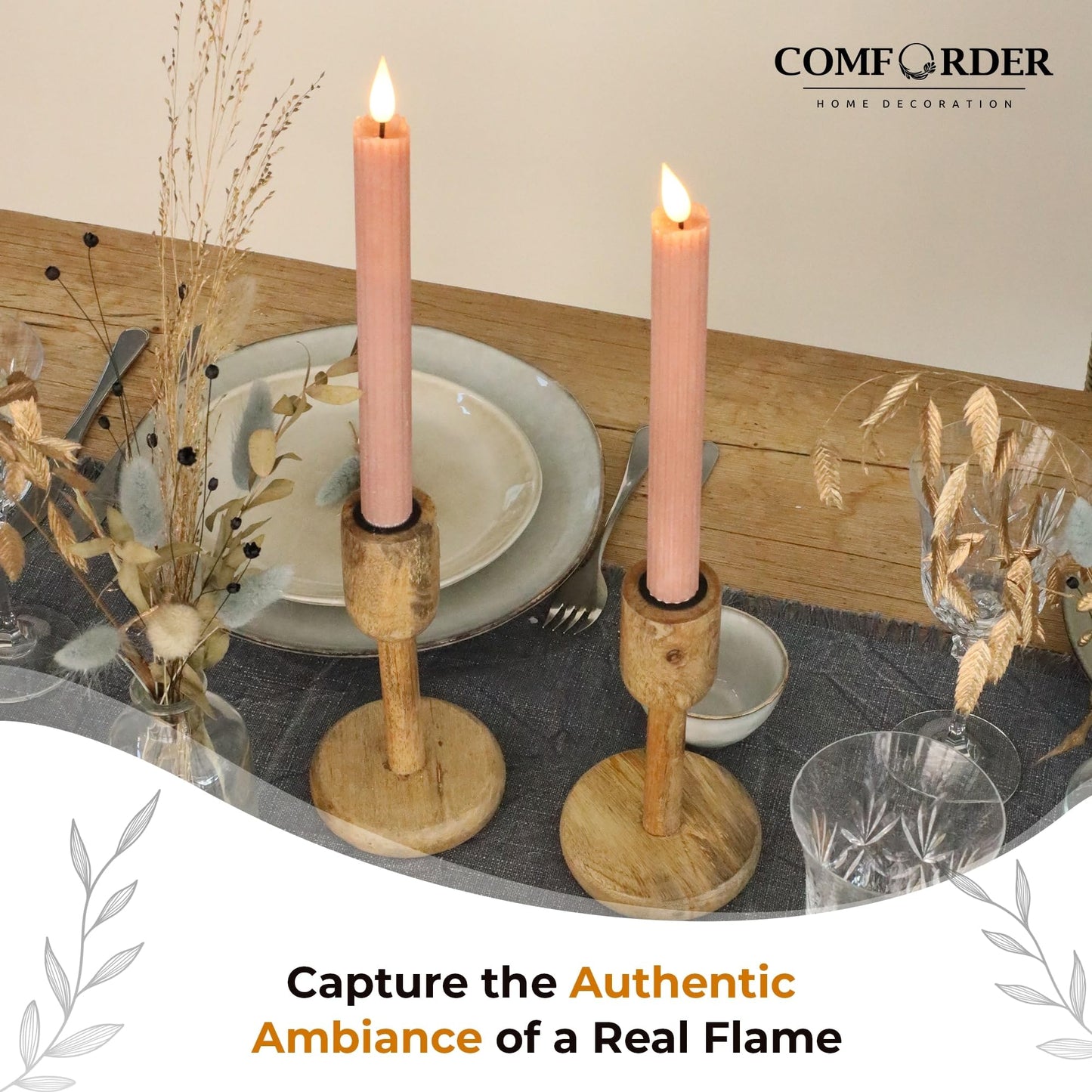comforder Flameless Taper Candles – Flickering LED Flame with 6H Timer – Real Wax, Ribbed Design – Battery Operated Set of 2 – 10" Tall (Mauve)"
