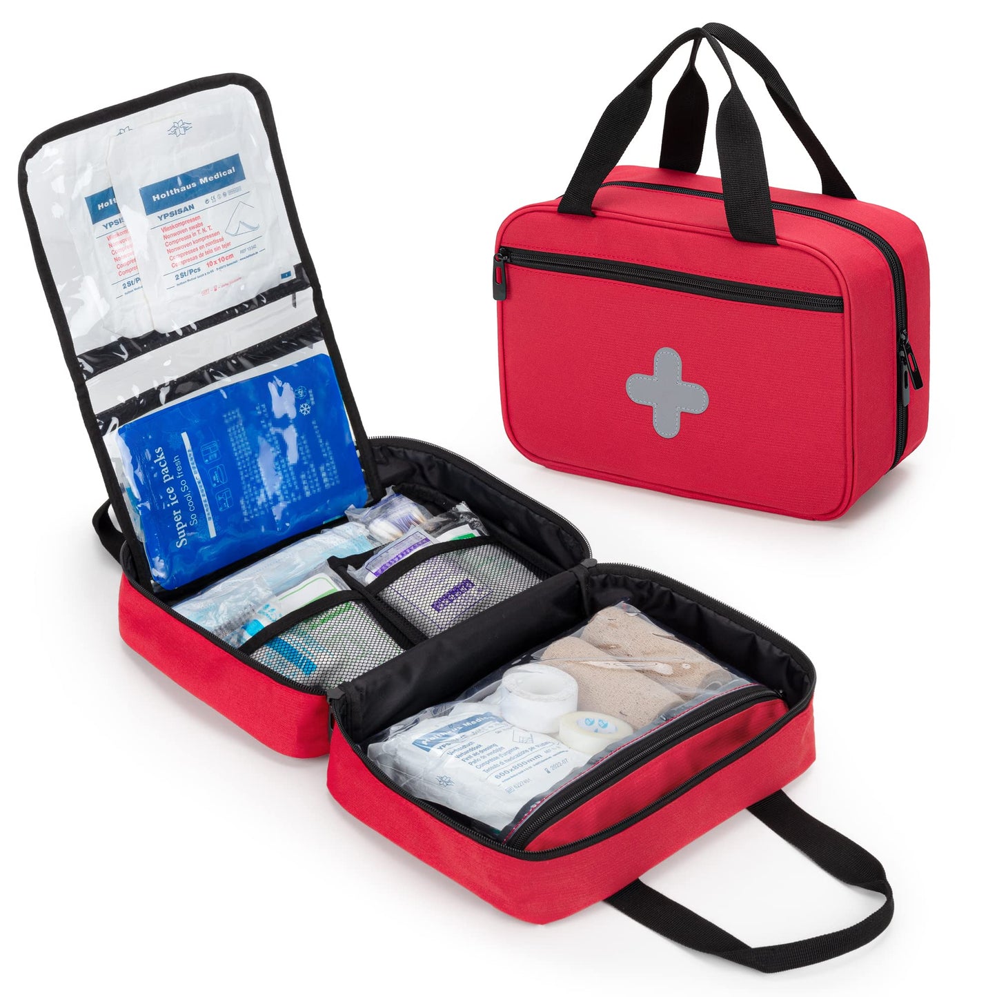 CURMIO Small First Aid Bag, Empty Emergency Trauma Kit Organizer Bag for Hiking, Camping, Car, Travel, Home and Outdoor, Red, BAG ONLY, Patent Pending