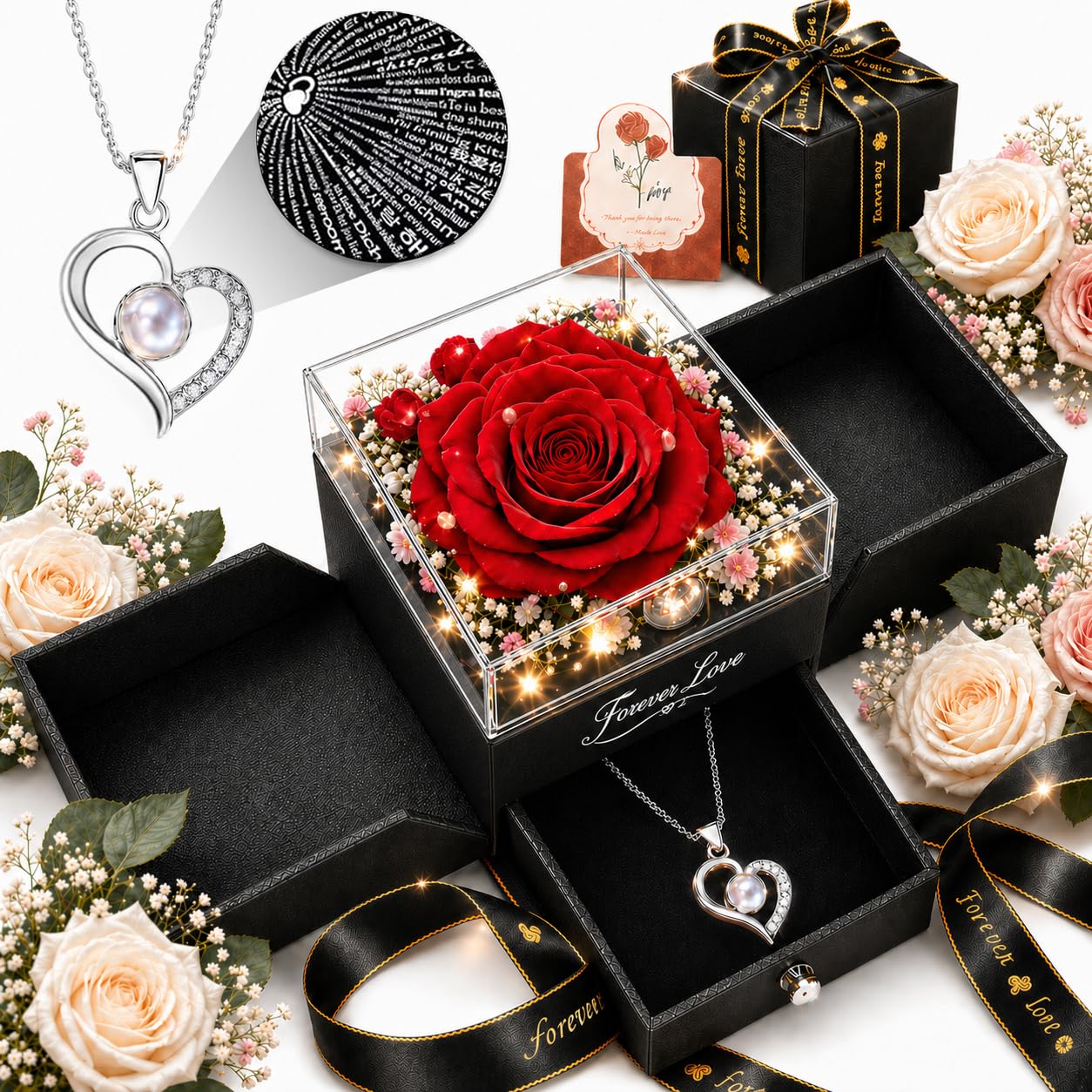 cdco Forever Love Preserved Real Rose with Heart Necklace, Mothers Day Gifts for Mom, Wife, Anniversary Birthday Gifts for Women – Projects “I Love You” in 100 Languages