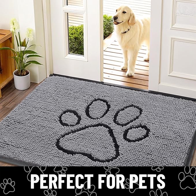 Smiry Dog Door Mat for Muddy Paws, Absorbent Dirt Trapper Non Slip Quick Dry Washable Chenille Mat for Mud Dogs, Entry Rug for Indoor and Outdoor (47x32 Inches, Grey and Black)
