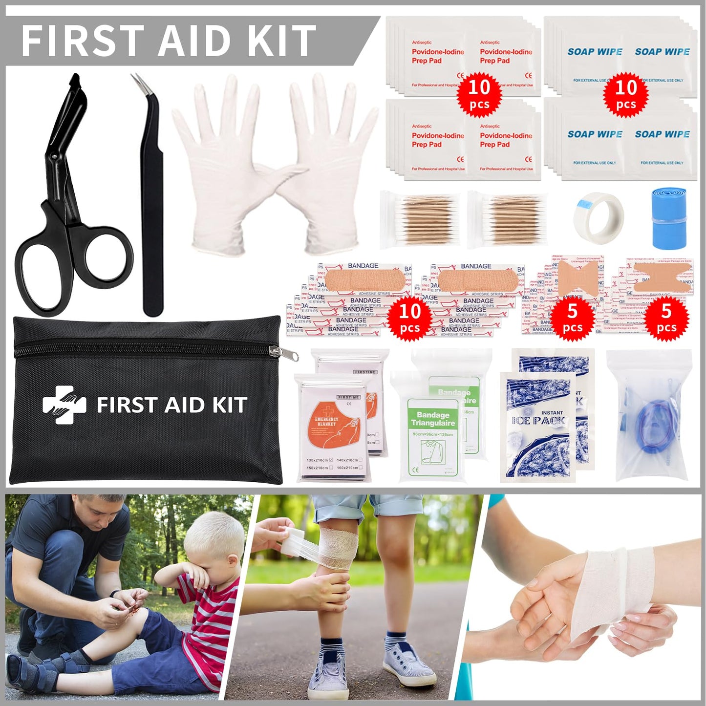 GPUSFAK 145 Pieces Emergency Survival Camping Kit, Molle First Aid Kit with Splint for Trauma Wound Care Blow Out for Outdoor Tornado Preparedness Kit, Black