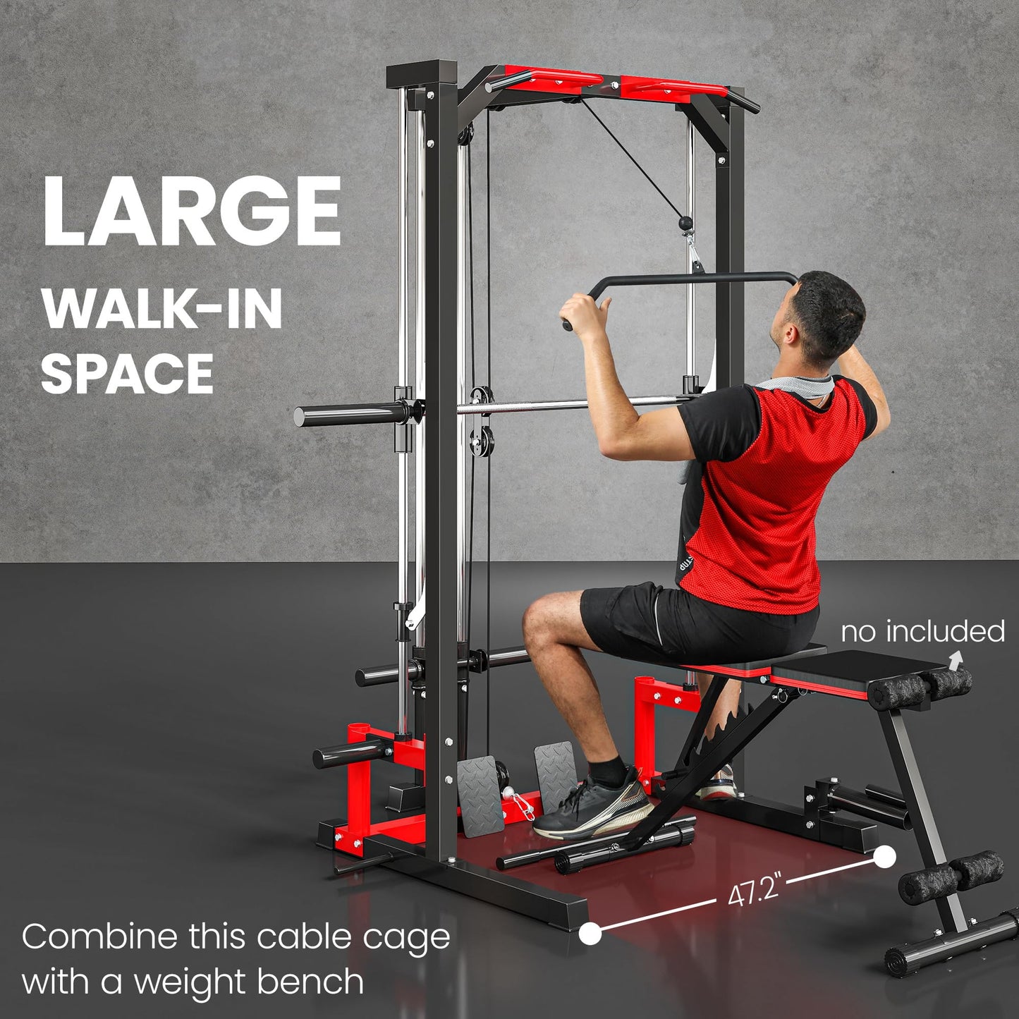 Soozier Power Cage Smith Machine, Multi-Function Power Rack with Pull Up Bar, LAT Pull Down System and Squat Rack, Barbell Bar, Plate Storage Posts, Landmine, for Home Gym