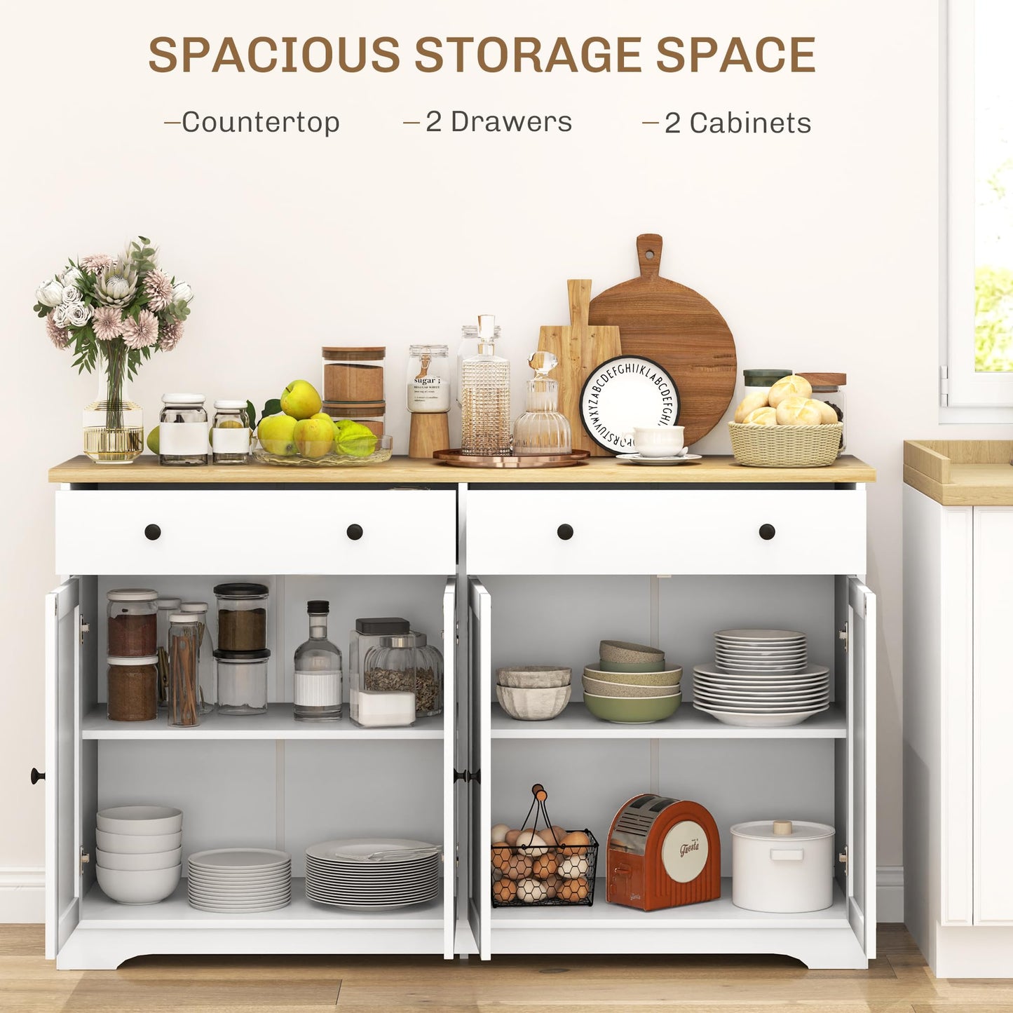 HOMCOM Sideboard Buffet Cabinet with Storage, 55" Modern Kitchen Cabinet with 4 Doors, 2 Drawers and 2 Adjustable Shelves, Coffee Bar Cabinet, White