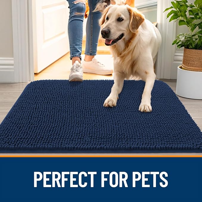 OLANLY Dog Door Mat for Muddy Paws 59x24, Absorbs Moisture and Dirt, Absorbent Non-Slip Washable Doormat, Quick Dry Chenille Mud Mat for Dogs, Entry Indoor Entryway Carpet for Inside Floor, Dark Blue