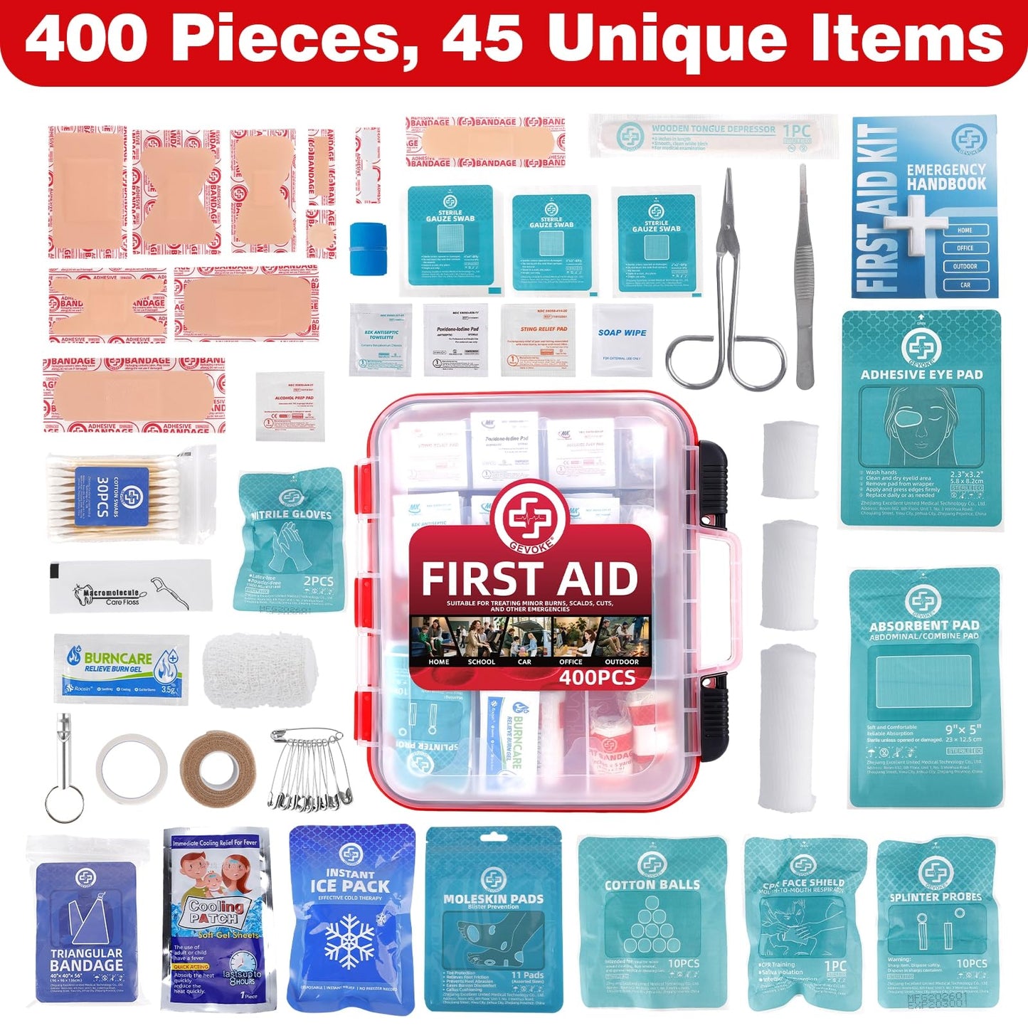 Gevoke 400 Piece First Aid Kit - Organized Dual-Layer Wall-Mountable Hard Case Medical Kit for Home, Car, Camping, Travel, Hiking, Truck, Office, Sports, Vehicle & Outdoor Emergencies