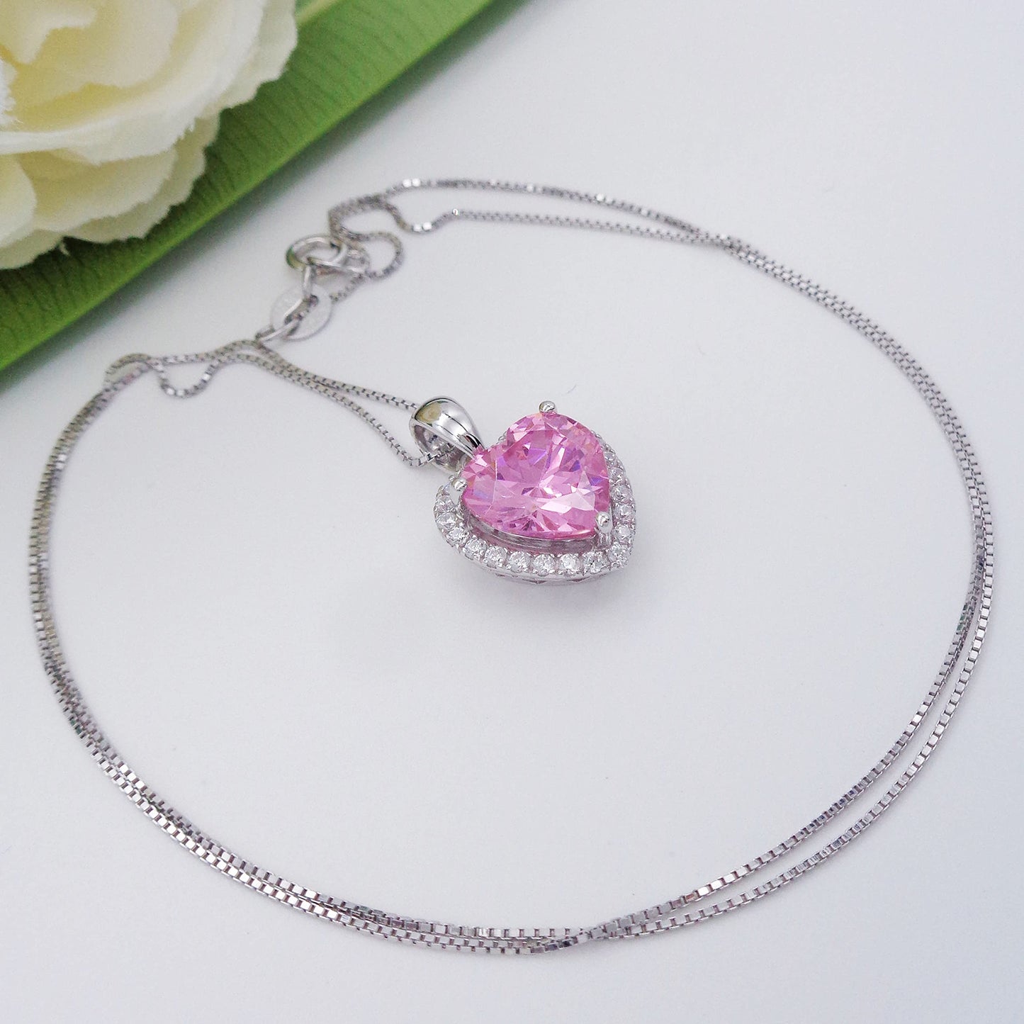 Navachi 925 Sterling Silver 18k White Gold Plated 3.7ct Heart Pink Quartz Az9308a Necklace Pendant 18"