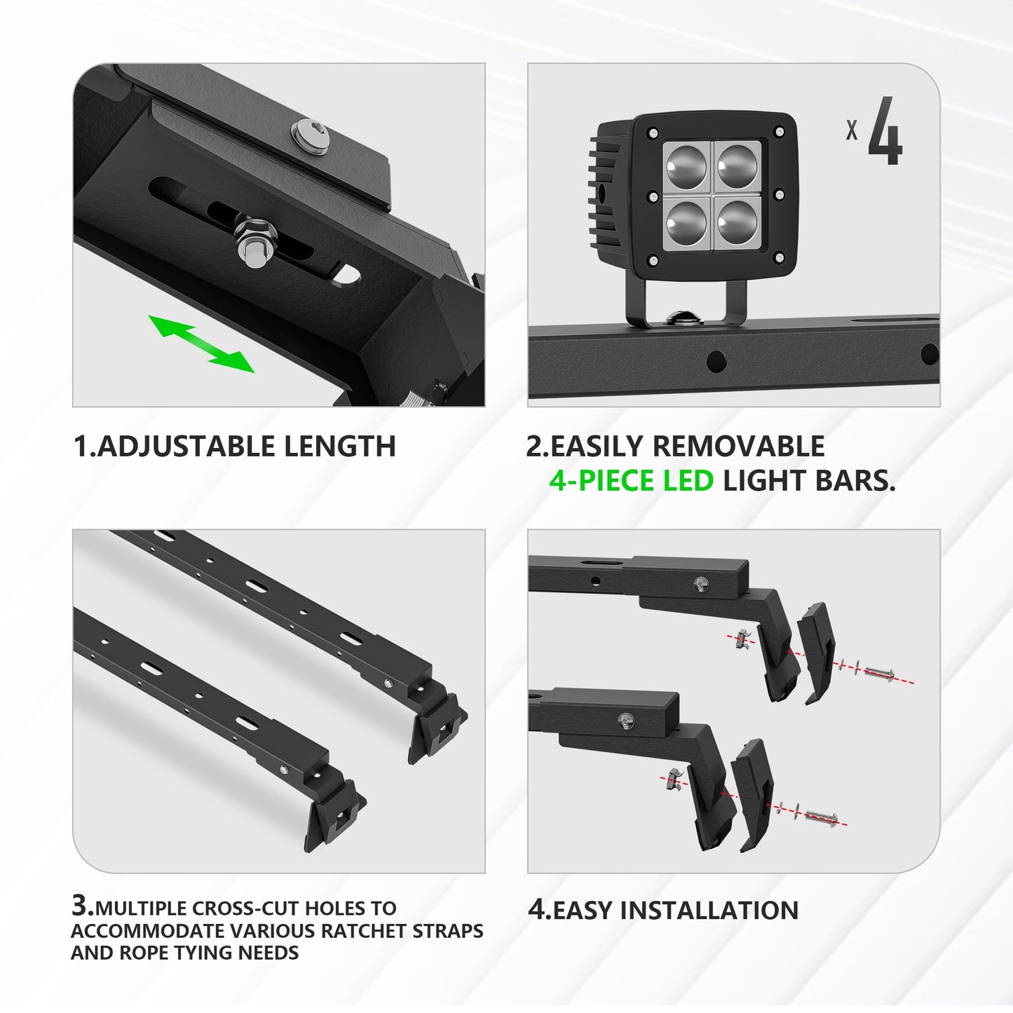 YZONA 400 LBS Roof Rack Cross Bars with 4 Pcs LED Lights Bar Compatible for 2007-2026 Jeep Wrangler JK JKU JL JLU Unlimited & Gladiator JT Hardtop, Roof Rail Crossbars Cargo Carrier Rooftop Luggage