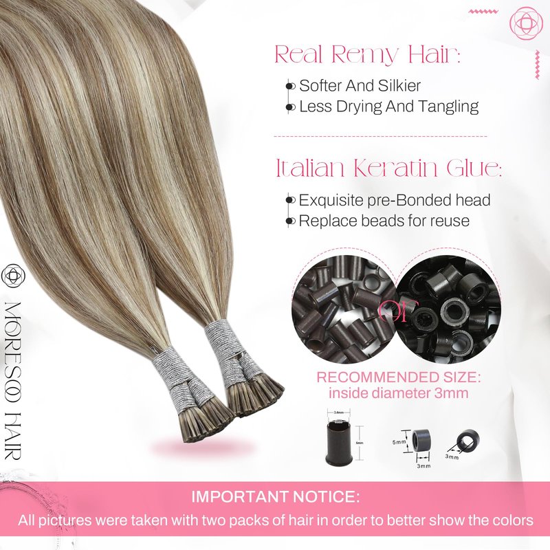 Moresoo I Tip Hair Extensions Human Hair, Light Brown with Platinum Blonde Highlights, 20 Inch 40G 50 Strands, Long Straight Elegant Blend, for Wedding and Special Events