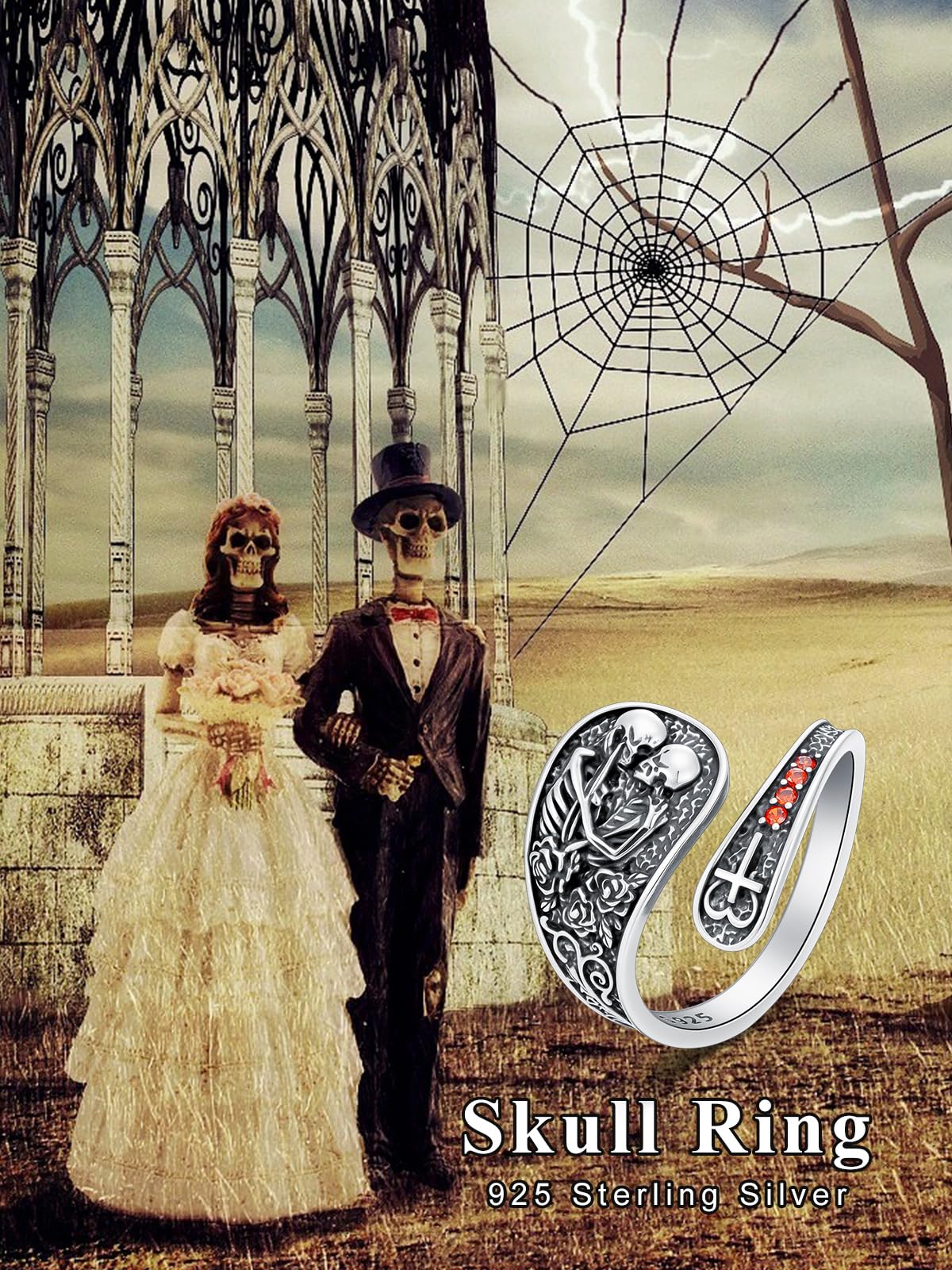 Midari Skull Couple Spoon Rings for Women 925 Sterling Silver Vintage Adjustable Punk Skull Rings Open Antique Skeleton Spoon Rings Jewelry for Women Hallowee Birthday Christmas Gifts B