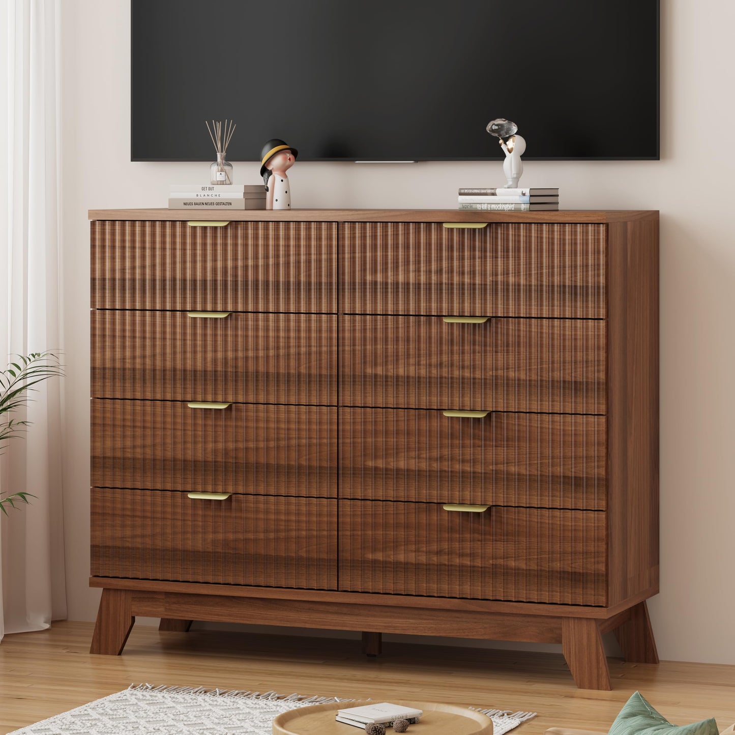 Xixini Fluted Dresser for Bedroom with 8 Drawers, 48" Wide Modern Chest of Drawers with Metal Handle, Wooden Dresser TV Stand, Wood Closet Clothes Storage Organizer for Living Room, Hallway, Walnut