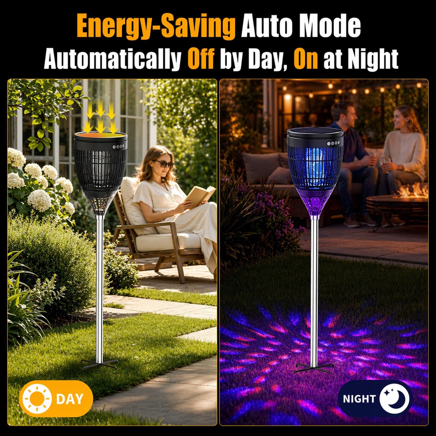Rossetta Solar Bug Zapper Outdoor, Mosquito Zapper with Flame Lamp & Projector Light, 4200V Electric Fly Zapper Waterproof Rechargeable Mosquito Killer, Cordless Fly Trap for Patio, Backyard, Garden