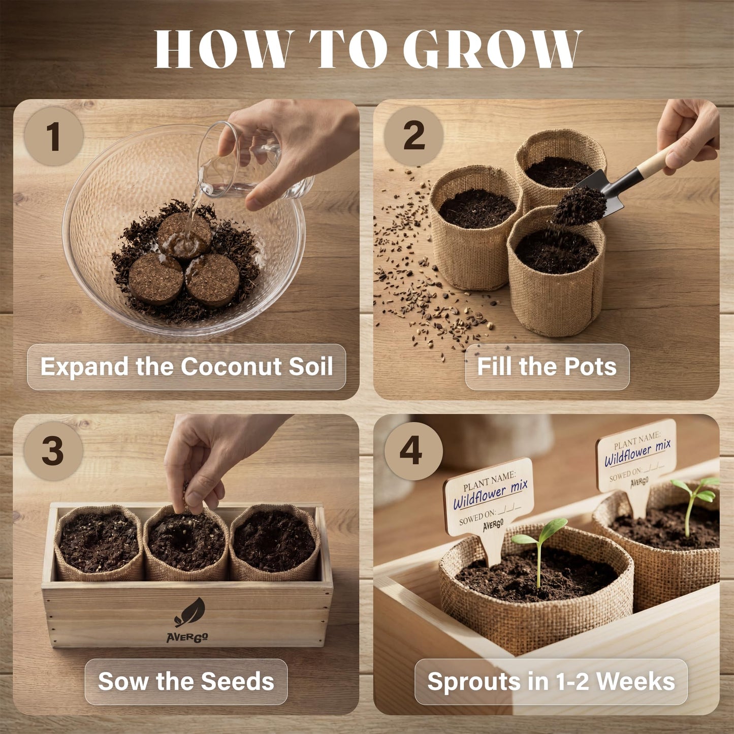 AVERGO Wildflower Seed Mix Growing Kit - Perennial Wild Flowers | Ideal Gift - Also Includes Planters, Soil, Wooden Box, and Gardening Tools for Indoor Garden and Patio Planting