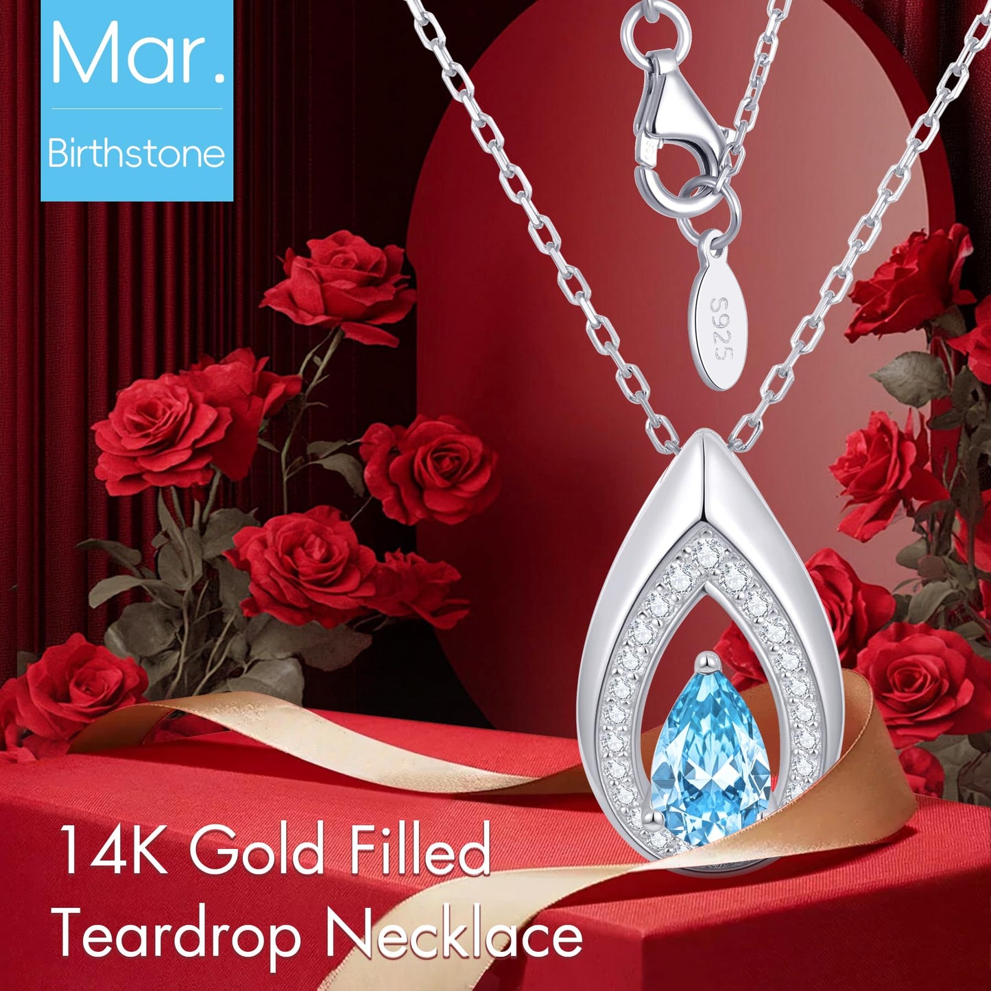 Kstyle 925 Sterling Silver Aquamarine March Birthstone Pendant Necklace Teardrop Jewelry Valentine's Day Anniversary Birthday Gift for Wife Girlfriend Mom Sister Non Tarnish