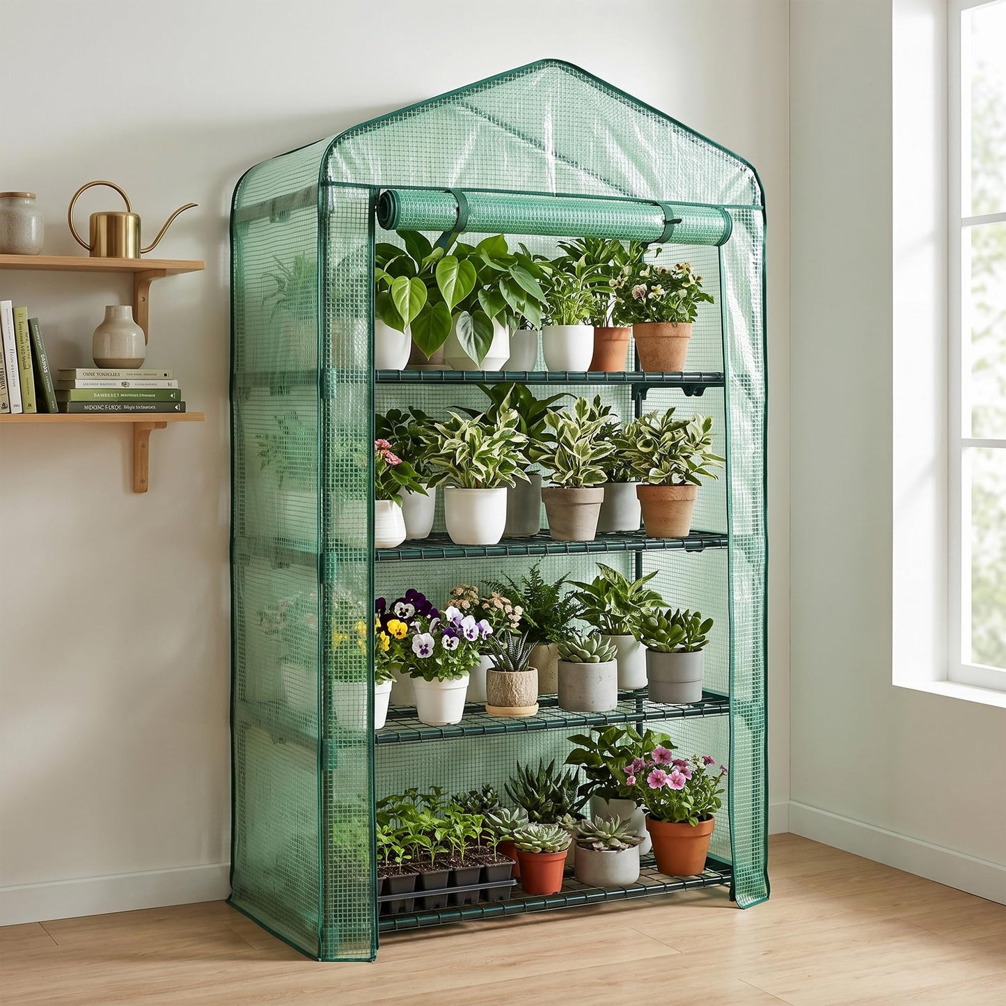Worth Garden 50% Extra Wide Mini Greenhouse 4 Tier Portable Plant Green House 40in Wide -Sturdy Gardening Shelves with PE Cover & Roll-Up Zipper Door - Indoor & Outdoor Use - 19″W. x 40″L. x63″H.