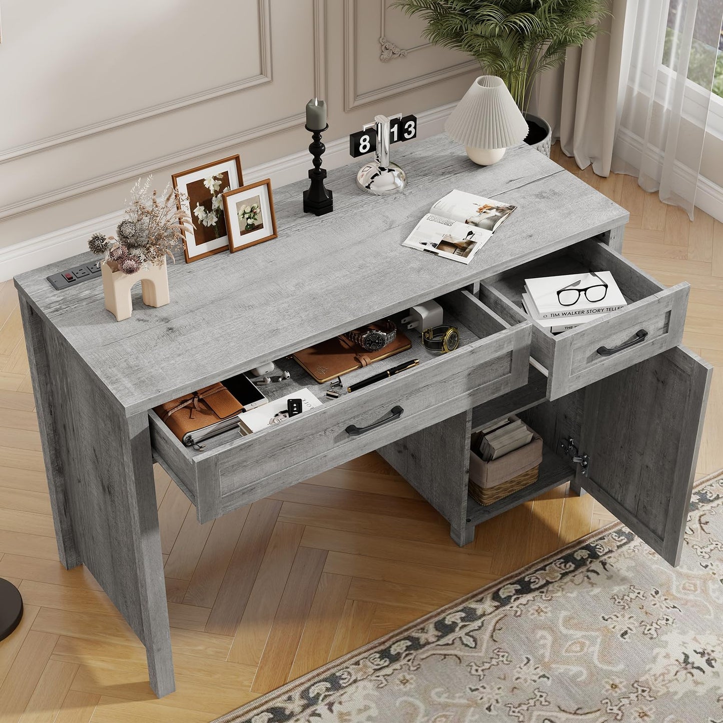 Befrases Farmhouse 47" Executive Desk, Computer Desk with Drawers and Storage Cabinet, Workstation for Home Office and Study.(Grey)