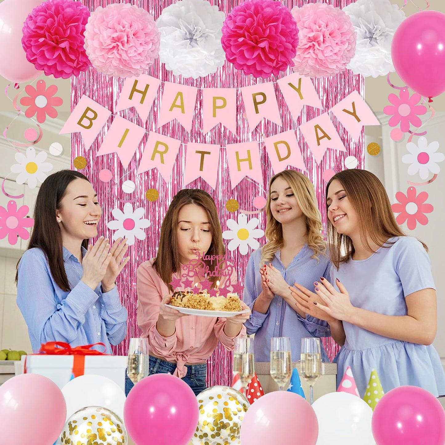 Pink Red Happy Birthday Party Decorations kits for Girls Women with Happy Birthday Banner, Fringe Curtain,Foil Balloons,Tissue Pompoms,Dots Garland,Tassels Garland,Cake Topper for birthday decor(pink)
