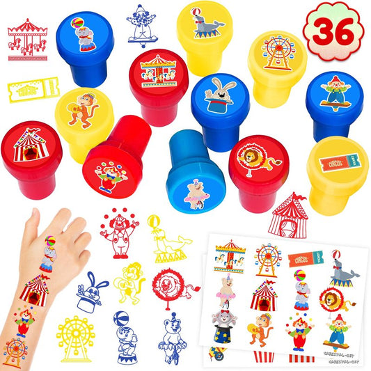 INKSOMOBA 36 PCS Carnival Party Favors for Kids - 24 Temporary Tattoos & 12 Circus Themed Stamps - Ideal Goodie Bag Fillers, Birthday Rewards, Classroom Prizes for Boys & Girls