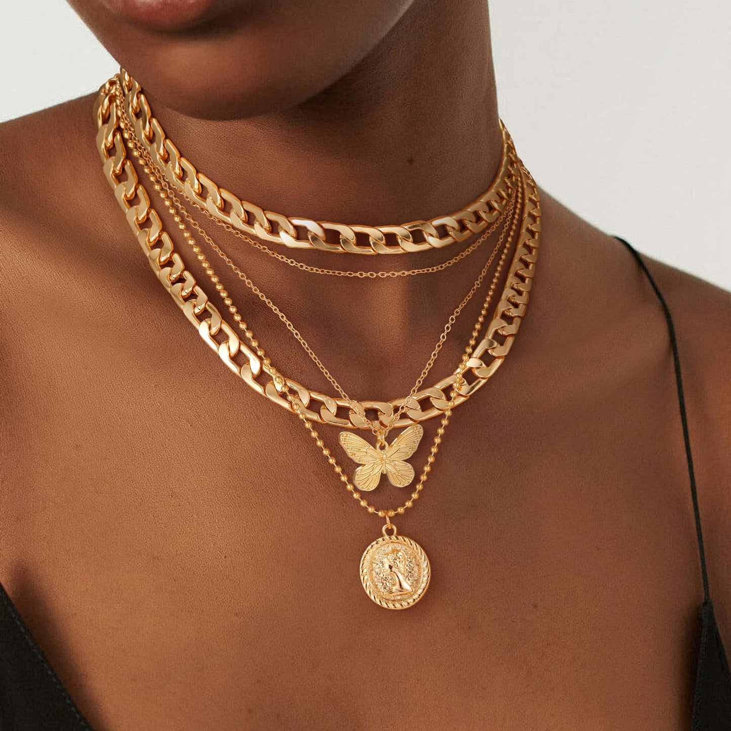 MJartoria Gold Layered Necklaces for Women Trendy Retro Coin Pendant Necklace Dainty Chunky Chain Choker Necklaces for Jewelry Birthday Gifts (Gold, A-X-Butterfly-5 in 1 Layered)