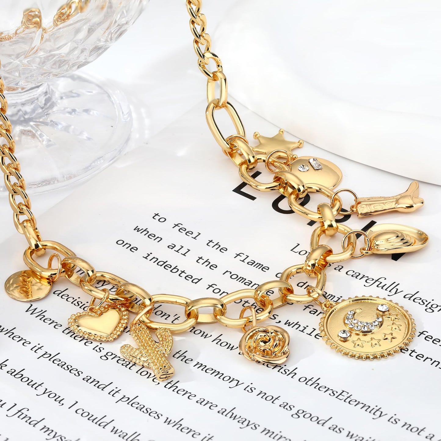 MISS RIGHT Charm Necklace for Women Chunky Gold Western Coastal Cowgirl Boot Tarot Card Coin Star Moon Celestial Charms Pendant Paperclip Chain Necklace Jewelry Gifts Cowboy
