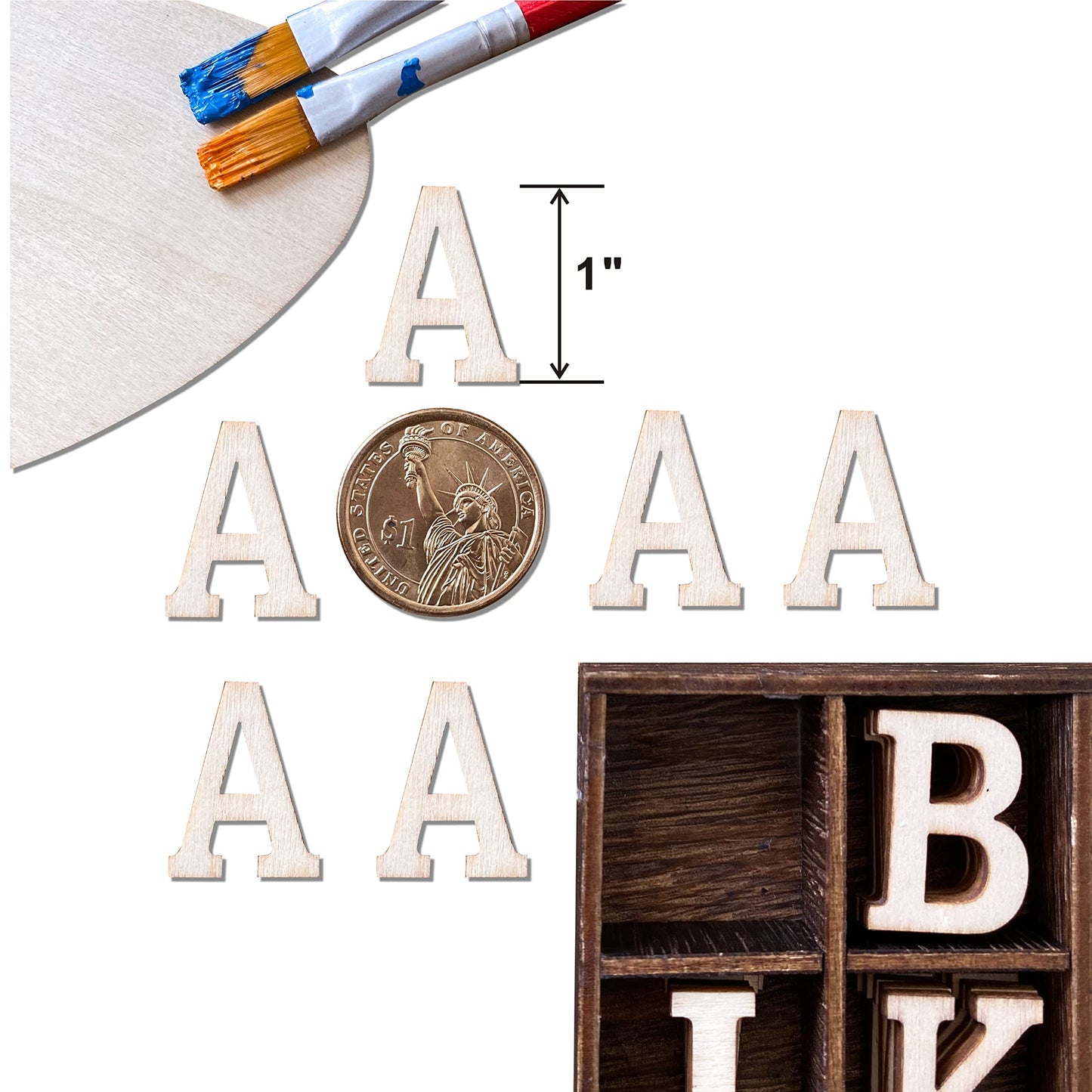 270 Pieces 1 Inch Wood Alphabet Letters Wooden Numbers Mini Blank Symbols Unfinished Heart Star Paw with Rustic Storage Tray for Home Decor Spelling Education Homemade Crafts Party Gifts