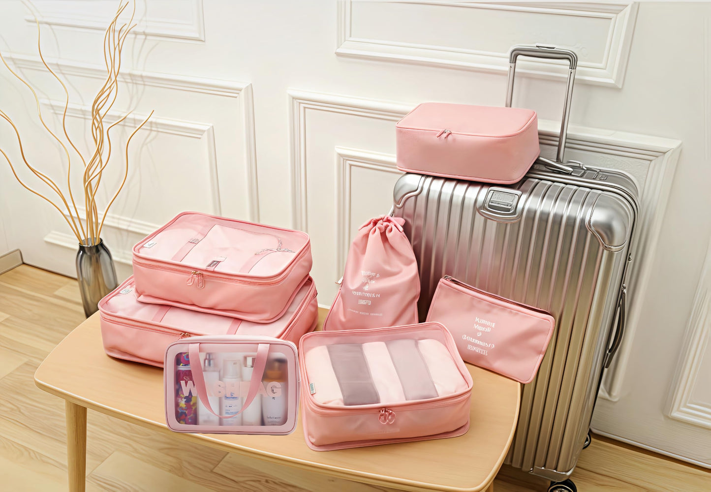 Travel packing cube bag,7Set Packing Cubes Luggage Packing Organizers for Travel, Clothing Bag, Suitcase Organizer Luggage Cubes with Wash Bag(Pink)
