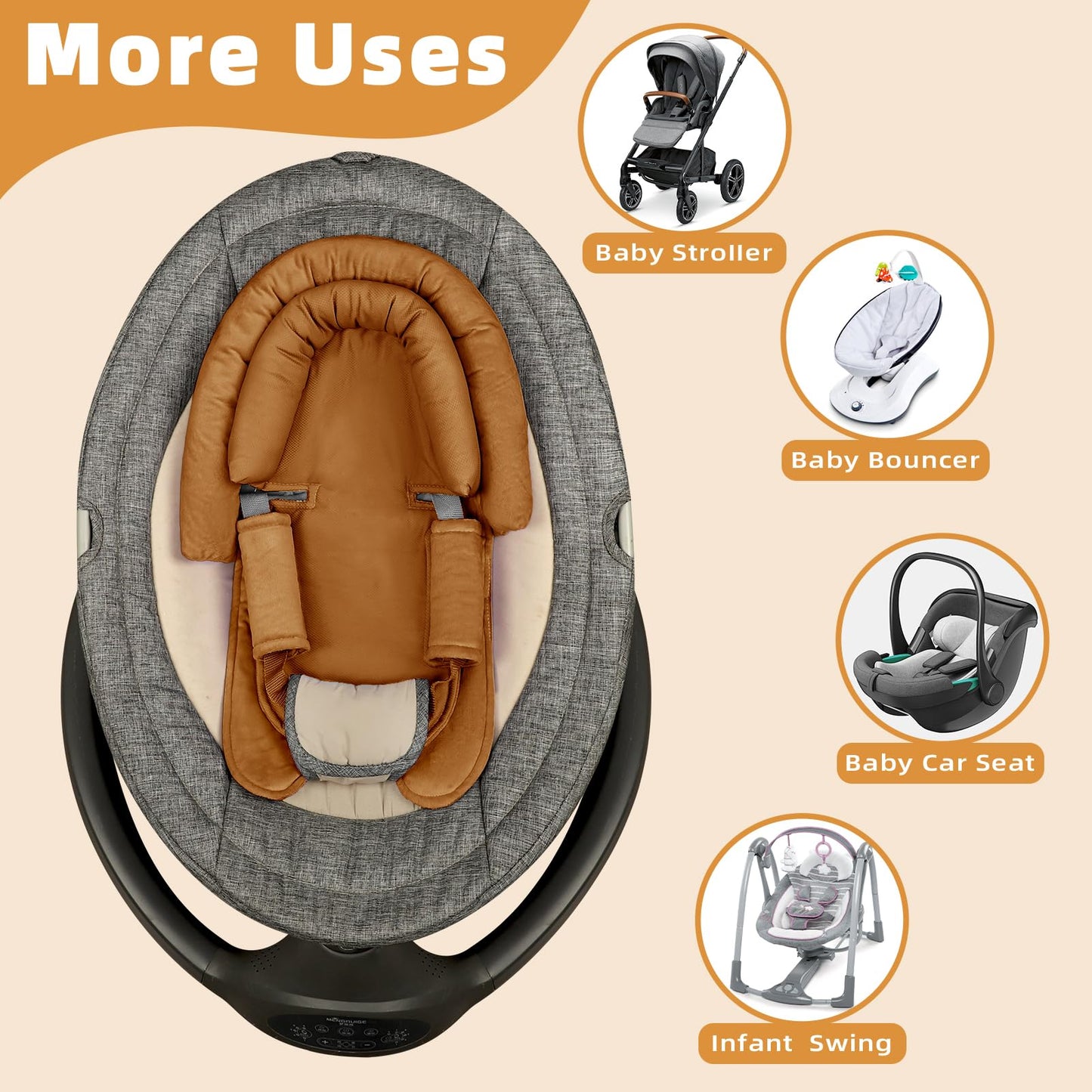 SWESEN Infant Car Seat Insert & Strap Covers, Car Seat Head Support for Baby Girls, 2 in 1 Breathable Air Mesh Car Seat Insert for Newborns, Double-Sided Reversible, for Infants Aged 0-12 (Brown)