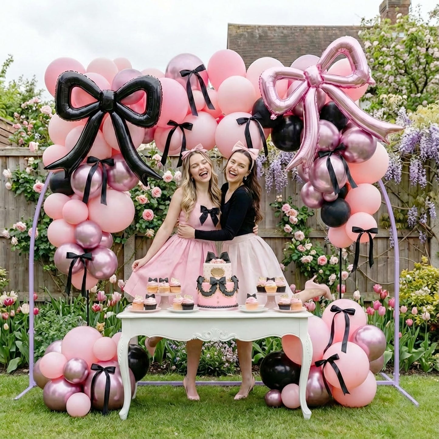 coquette birthday decorations 150pcs balloon garland arch kit with metallic purple pink black bow cake topper ribbon bow tie and mylar foil balloons for girls bachelorette party decorations