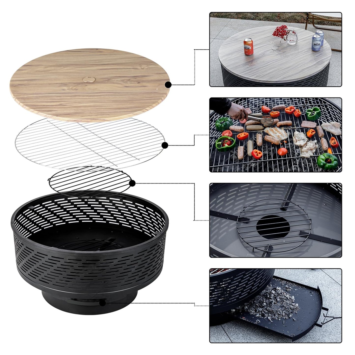 OutVue 32" Wood Burning Fire Pits with Grill & Lid, Fire Pit Table for Outside with Waterproof Cover & Fire Poker, Outdoor Firepit with Functions for BBQ,Table and Bonfire