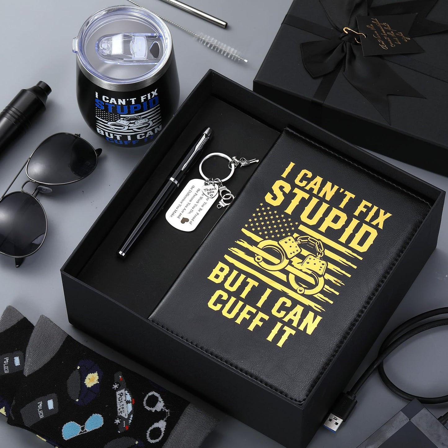Reallnaive 6 Pcs Police Officer Gifts for Men Law Enforcement Gifts 12 oz Stainless Steel Cup Socks Keychain Pen Notebook Box for Correctional Officer Cop First Responder Policeman Gear Accessories